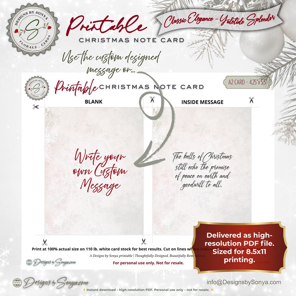 Christmas Bells Printable Card • A2 (4.25" x 5.5") Folded Holiday Greeting Note Card • Festive Bell Art • Winter Pine & Bow • Christmas Stationery