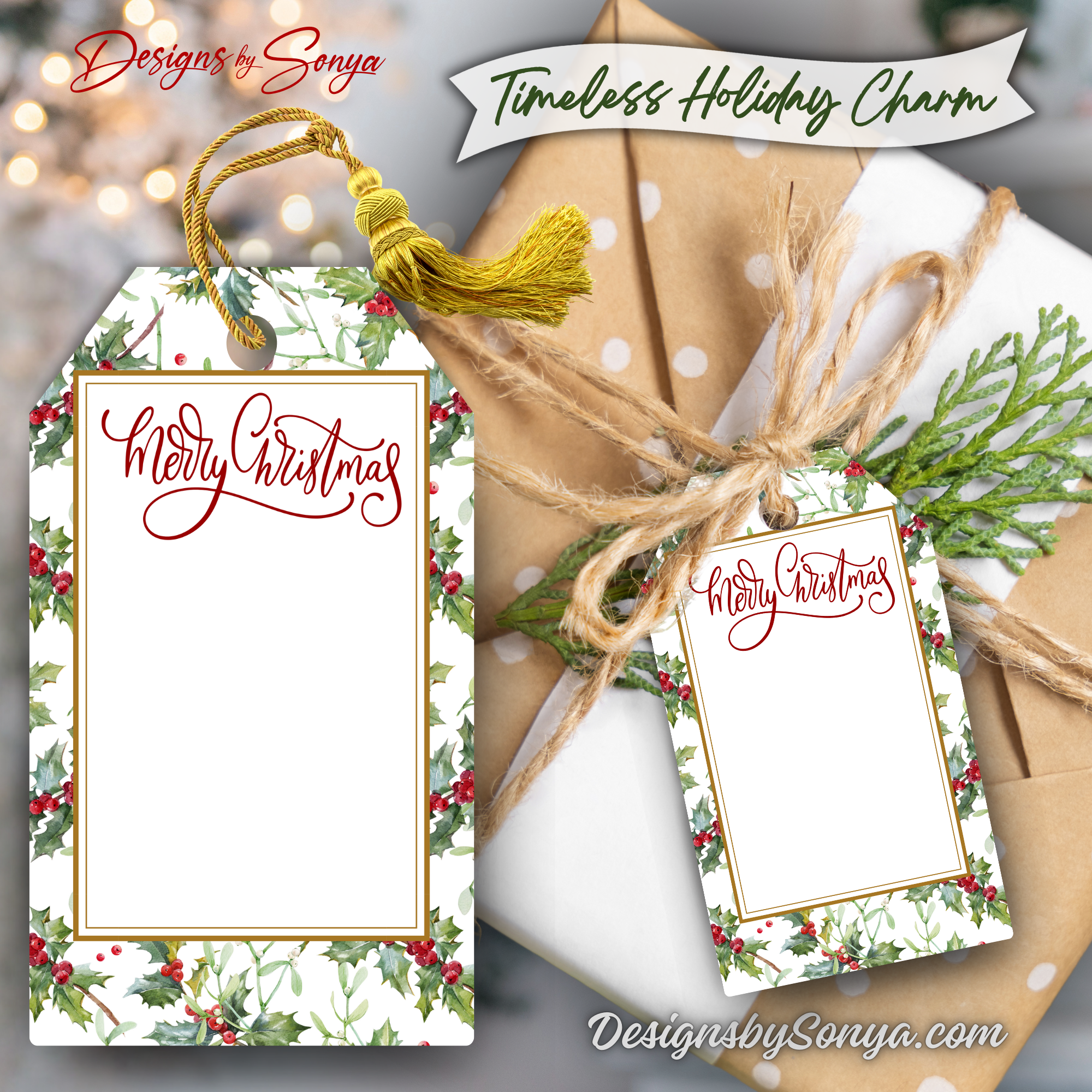 Christmas Gift Tags with Rustic Brown Wrapping
Holiday printable gift tags tied with twine on polka dot brown wrapping. A timeless, classic Christmas look with "Merry Christmas" script.