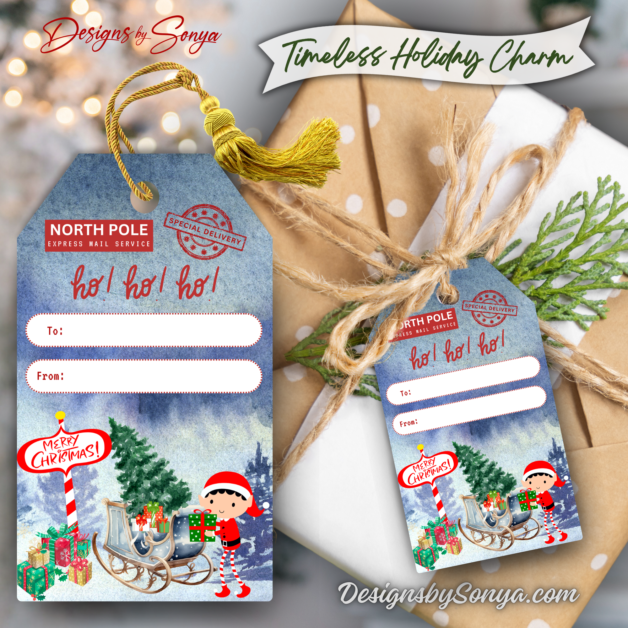North Pole Elf Gift Tag on Wrapped Present
Printable North Pole Express gift tag with elf, sleigh, and presents, tied with rustic twine on Christmas gifts.
