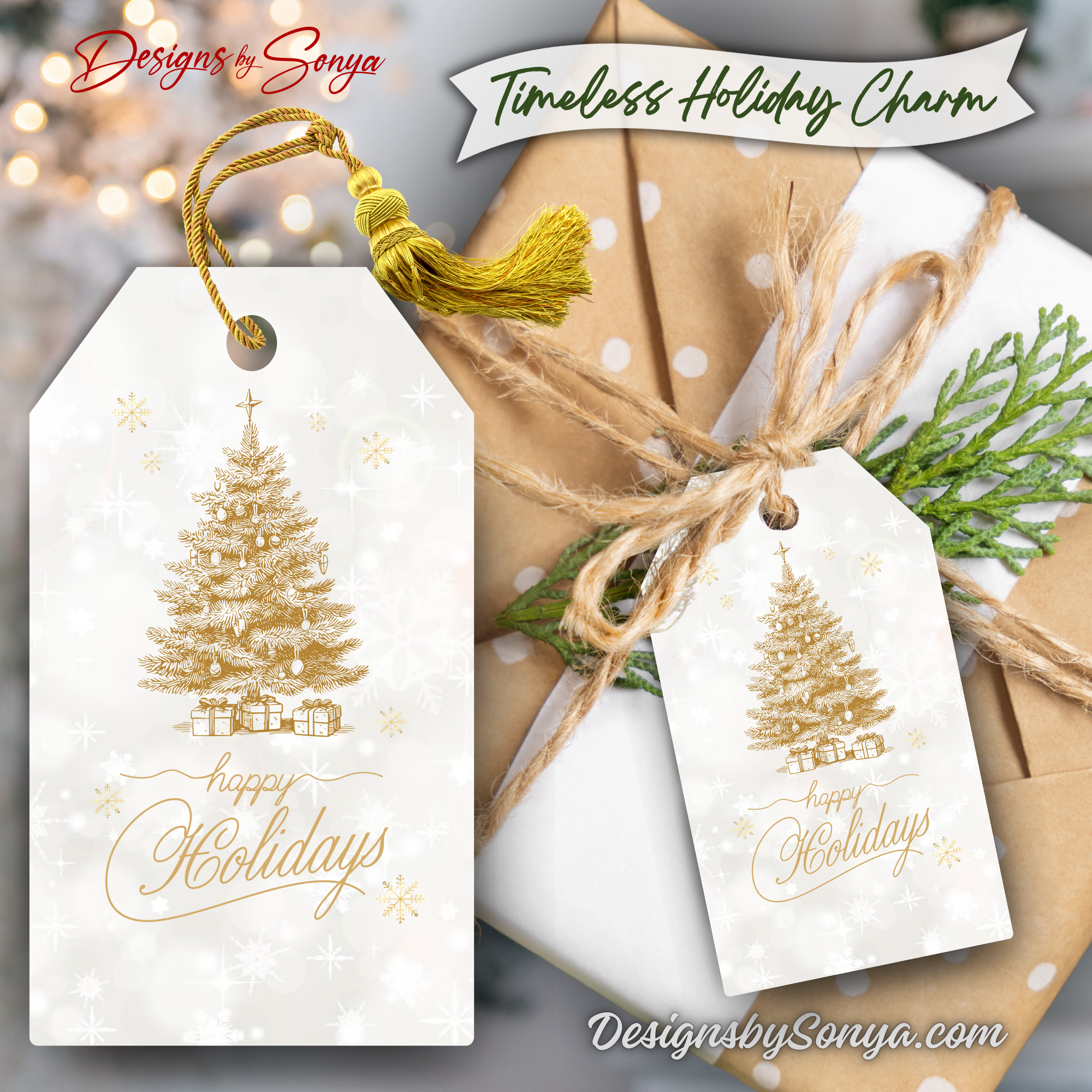 Kraft Paper Package
Holiday printable tag with gold tree design styled on rustic kraft wrapping. Banner reads “Timeless Holiday Charm.” Perfect for classic holiday gift giving.