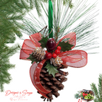 Ornament Display with White Background and Greenery
Festive pinecone ornament with sparkling red bow, holly greenery, and frosted pinecones hanging by a green satin ribbon, perfect for holiday tree decoration.