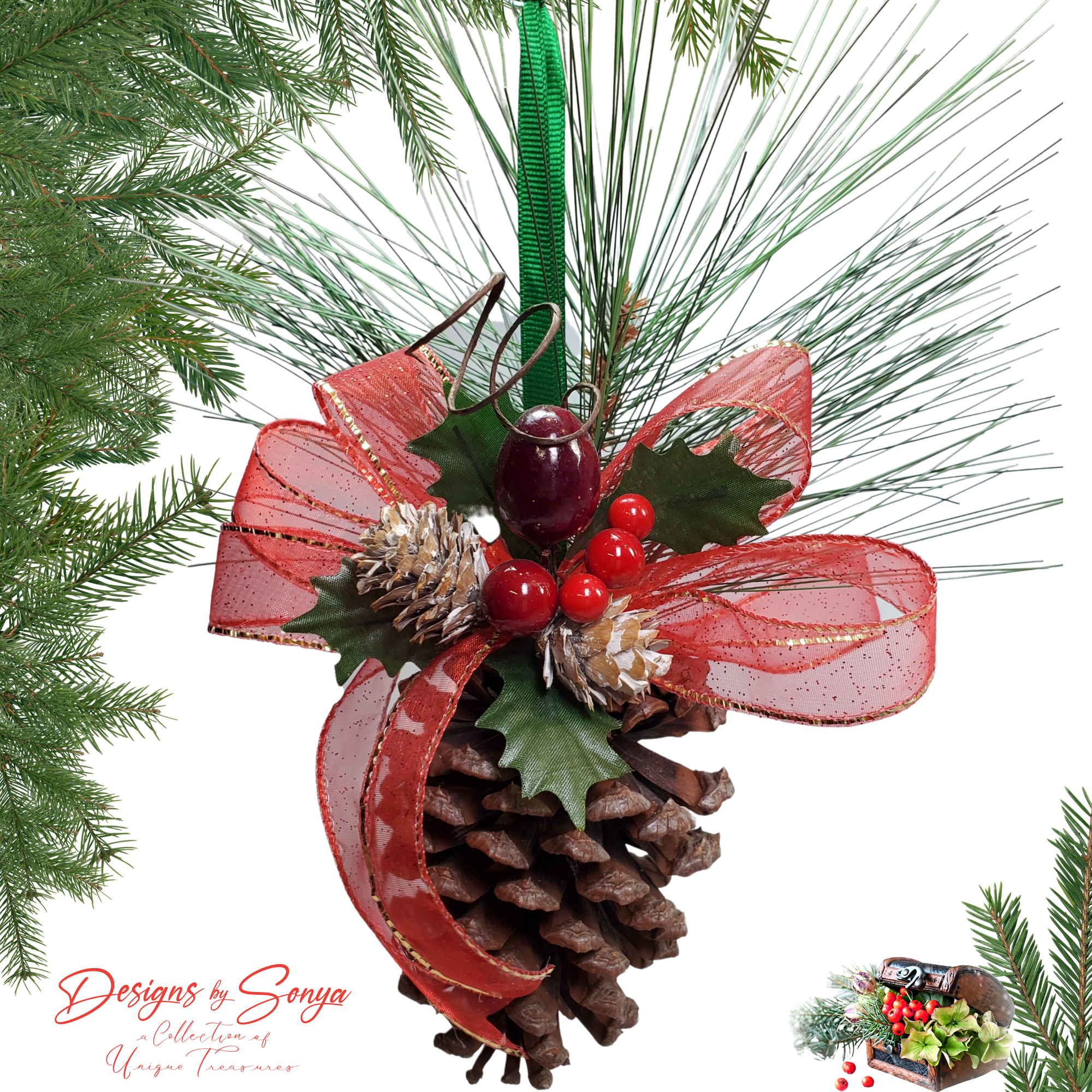 Ornament Display with White Background and Greenery
Festive pinecone ornament with sparkling red bow, holly greenery, and frosted pinecones hanging by a green satin ribbon, perfect for holiday tree decoration.