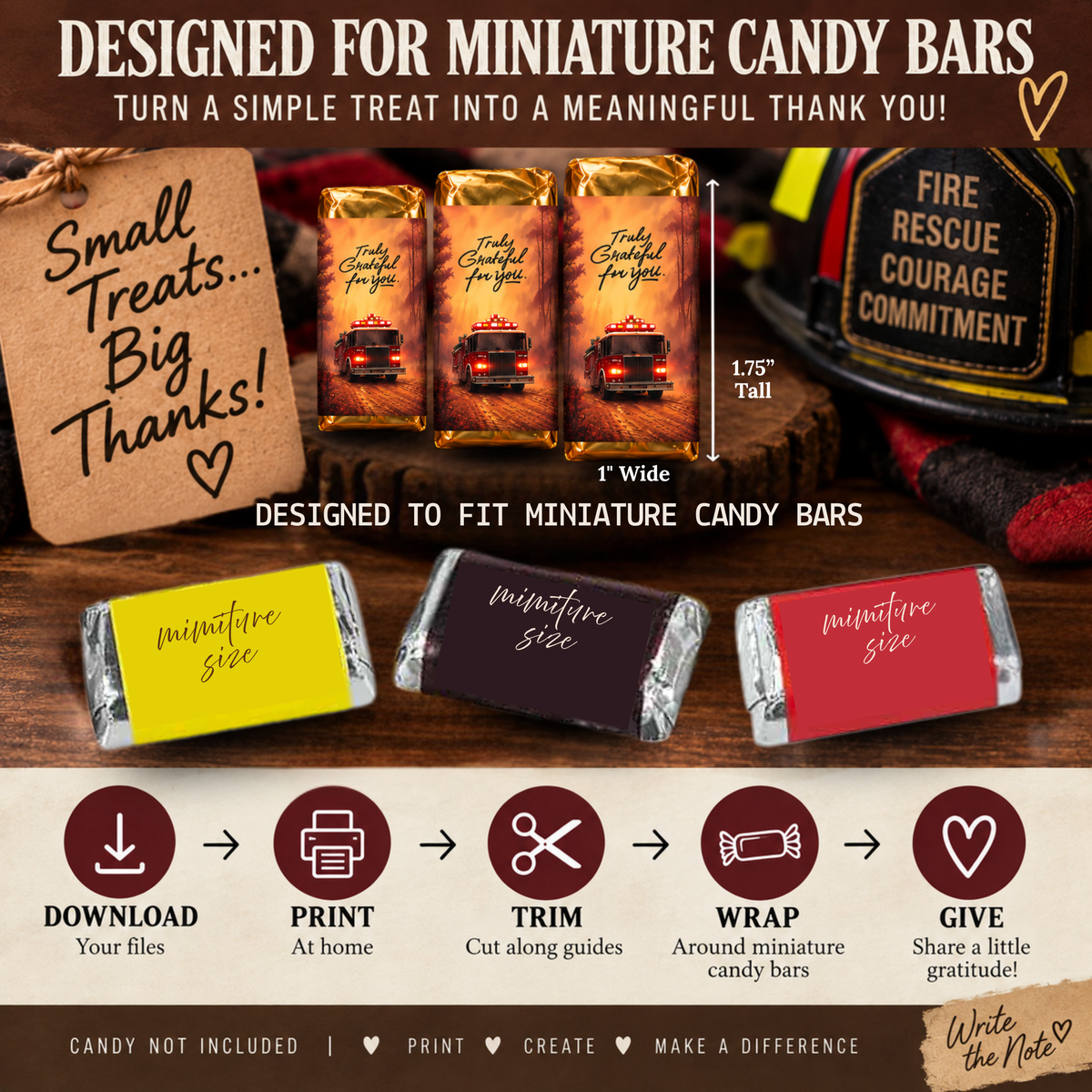 Printable Firefighter Appreciation Mini Candy Bar Wrappers | Truly Grateful Thank You Treats