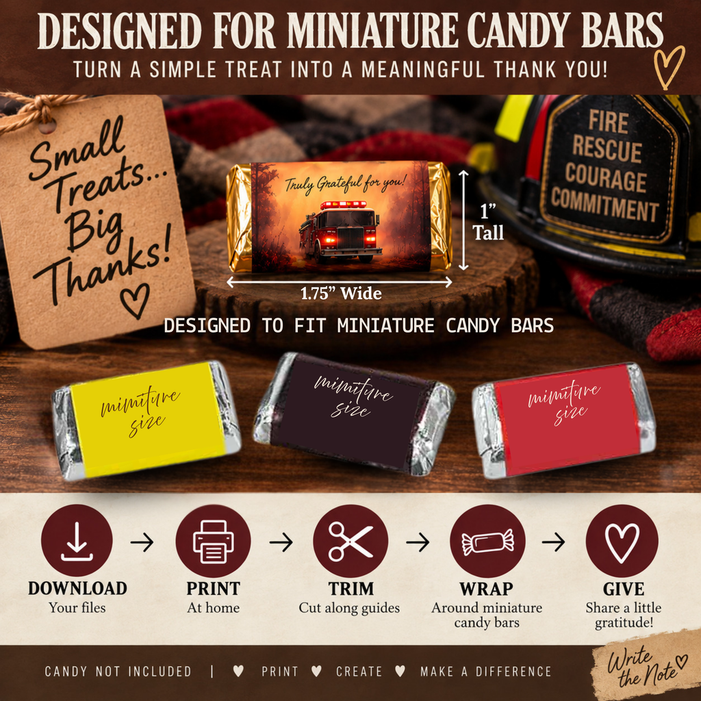 Firefighter Thank You Treats | Printable Mini Candy Bar Wrappers for Fire Department Appreciation