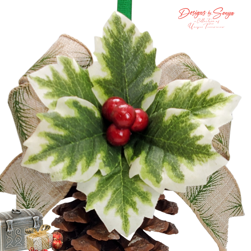 Holly Leaves and Berry Cluster Detail
Macro closeup of variegated holly leaves and glossy red berries centered on the pinecone ornament, showing realistic texture and color for premium Christmas décor.