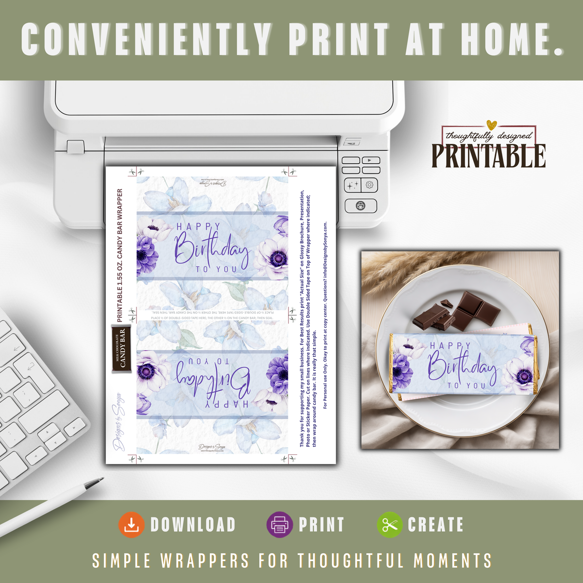 Printable Happy Birthday Candy Bar Wrapper, Blue & Purple Floral 1.55 oz Chocolate Bar Wrap, Birthday Gift for Her, Mom, Grandma & Friend