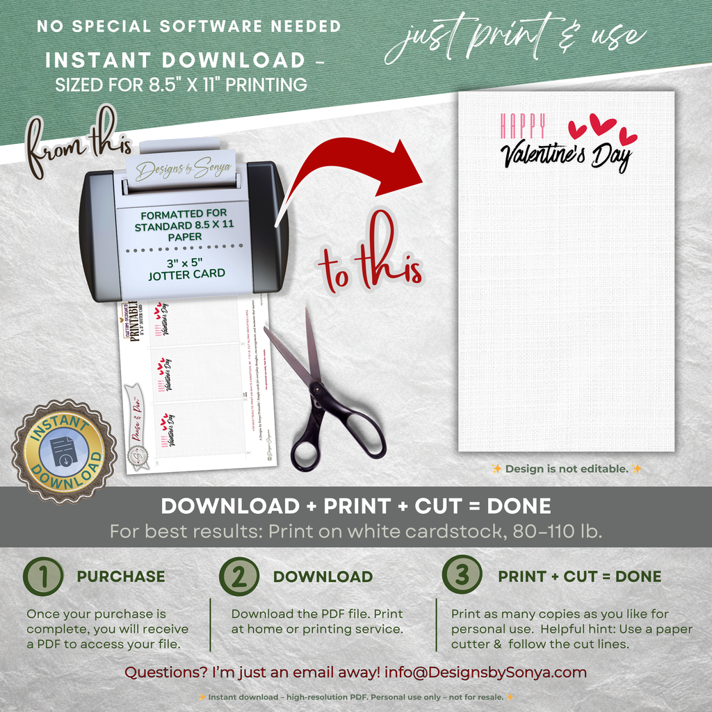 Printable Thank You Card for Valentine Gifts – 3x5 Gift Enclosure Jotter Card, Simple Note for Bags, Baskets & Small Gestures