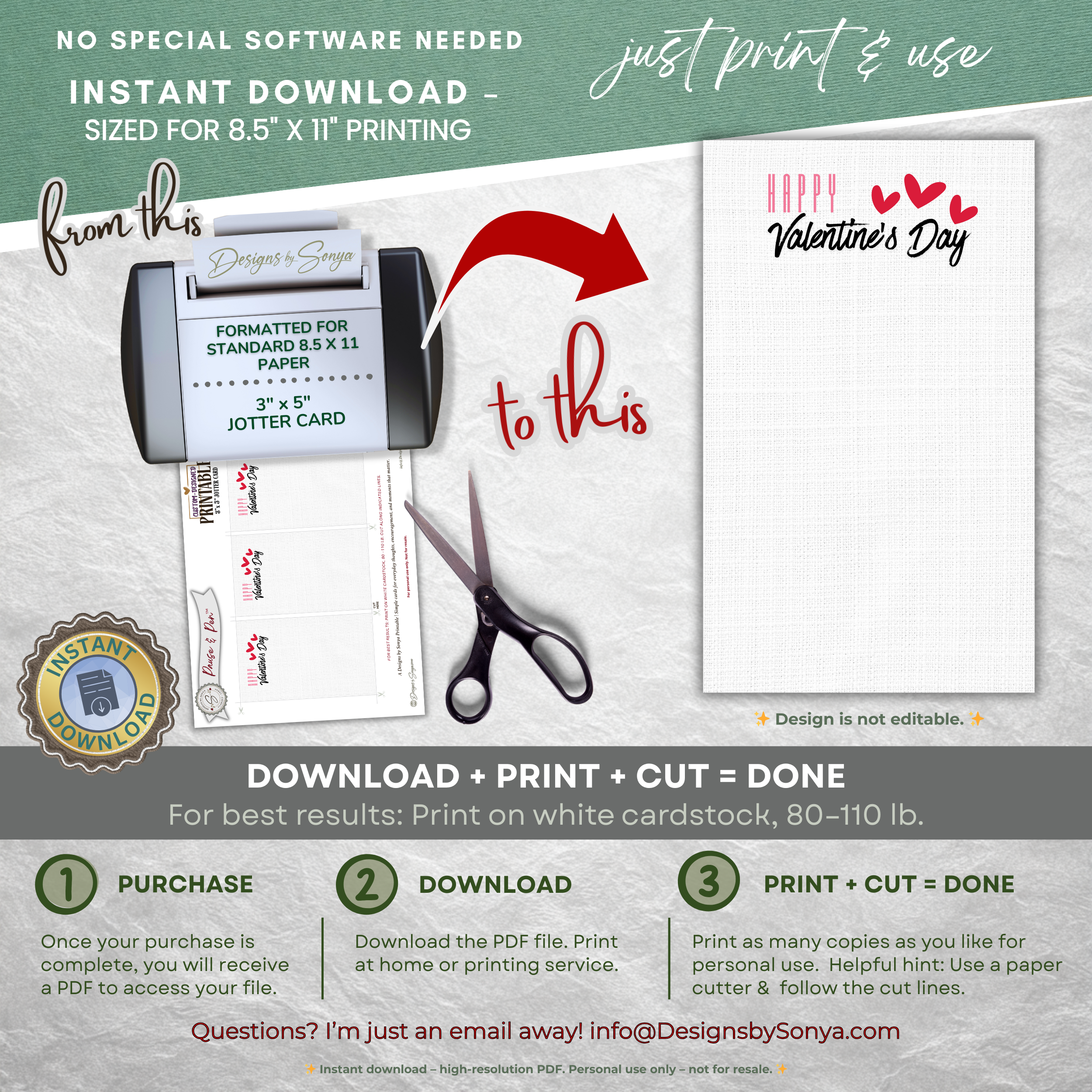 Printable Thank You Card for Valentine Gifts – 3x5 Gift Enclosure Jotter Card, Simple Note for Bags, Baskets & Small Gestures