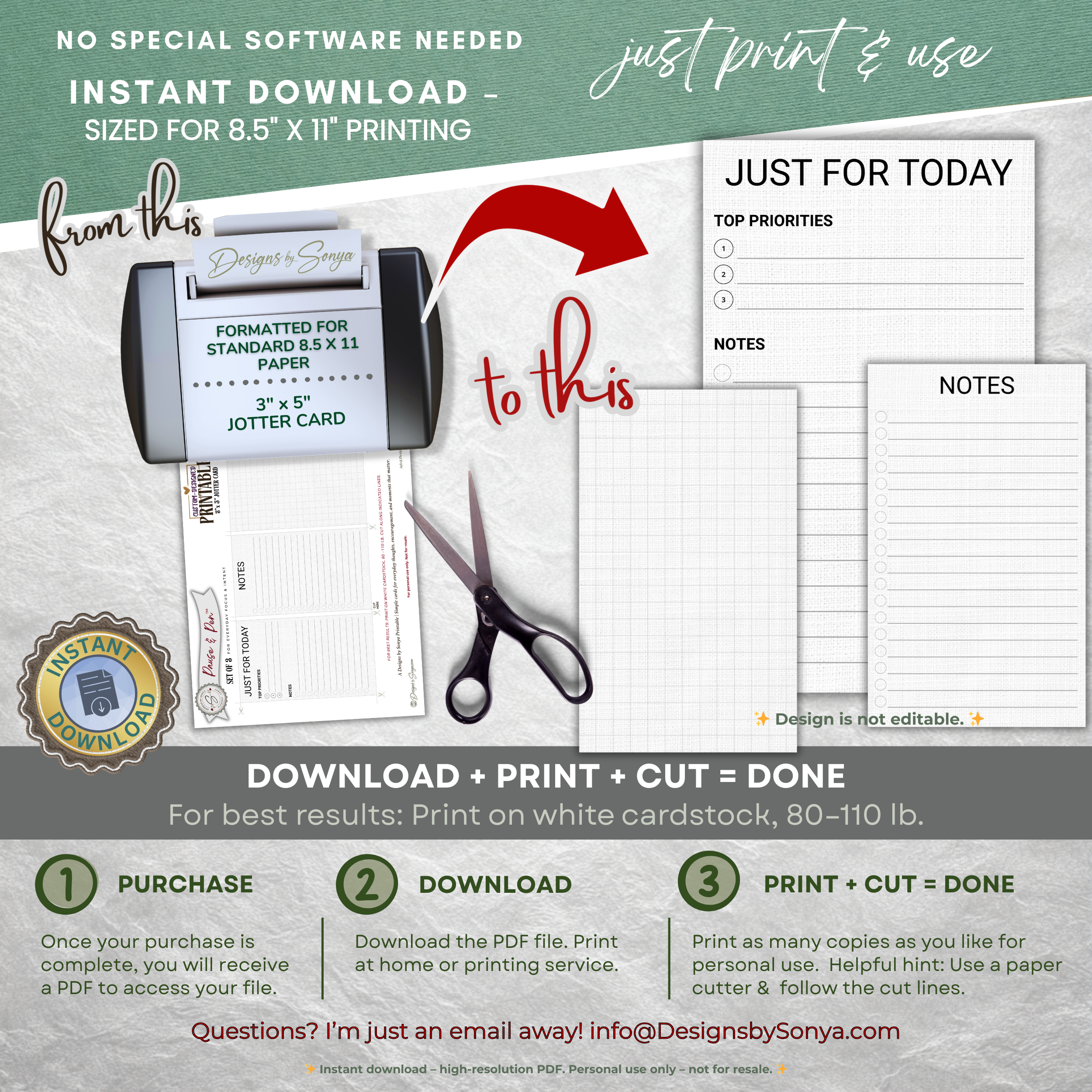 3x5 Jotter Card Printable Set of 3 – Just for Today, Notes & Grid Cards for Daily Focus – Pause & Pen™ Printable Stationery