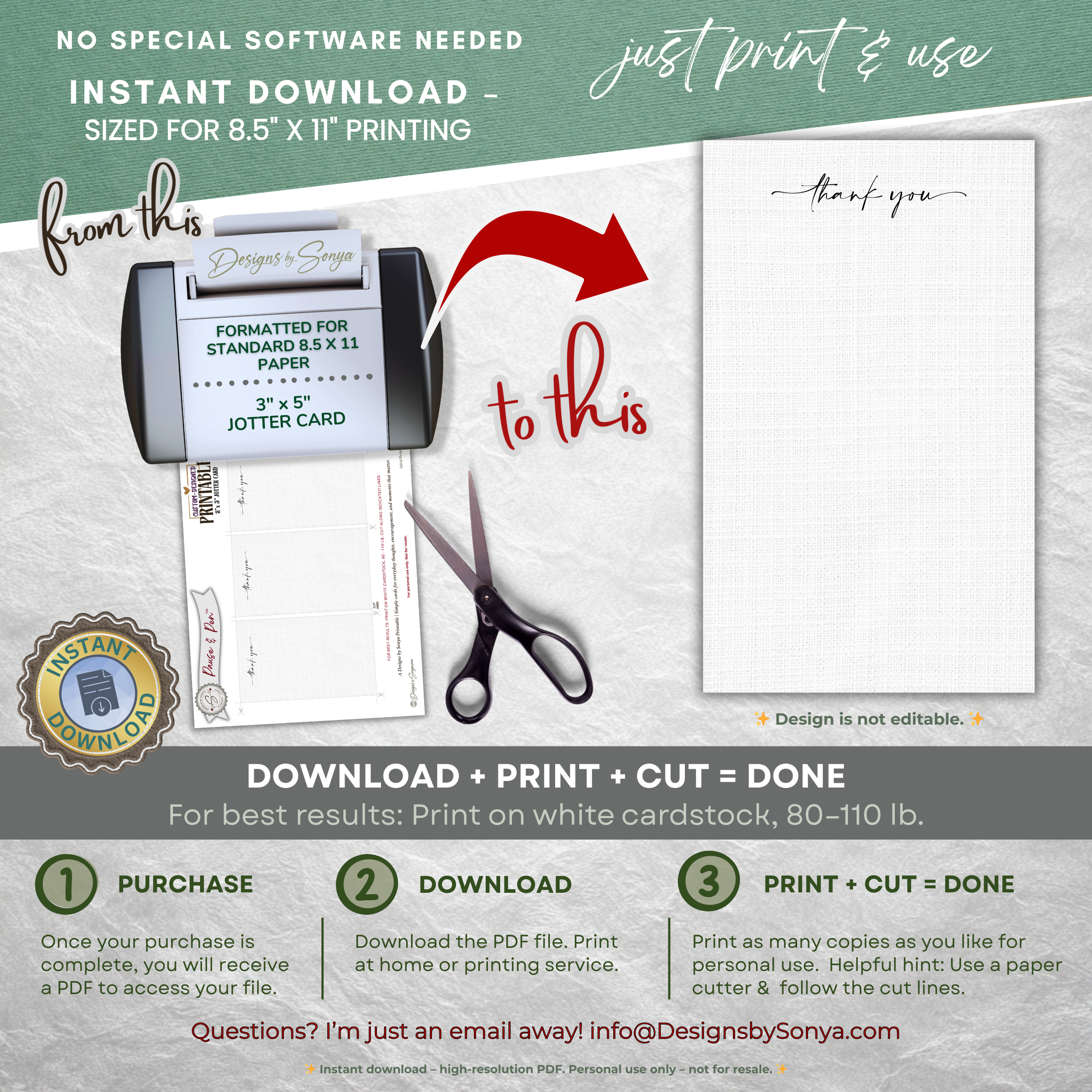 Thank You Jotter Card Printable – 3x5 Minimal Gratitude Note Card – Pause & Pen™ Everyday Thank You Card for Gift Bags & Baskets