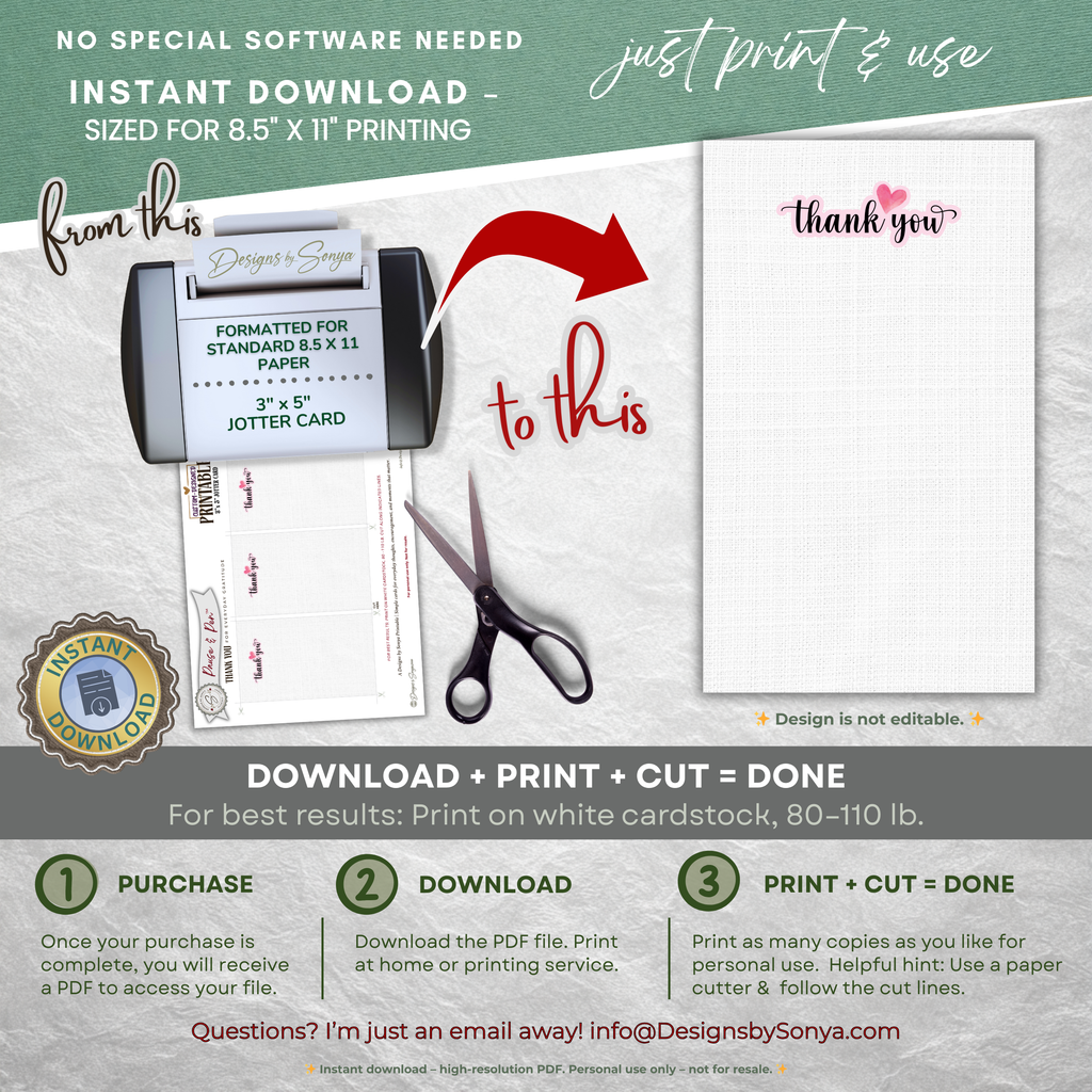 Thank You Jotter Card Printable – 3x5 Gratitude Note with Pink Heart – Pause & Pen™ Minimal Thank You Card for Gifts & Baskets