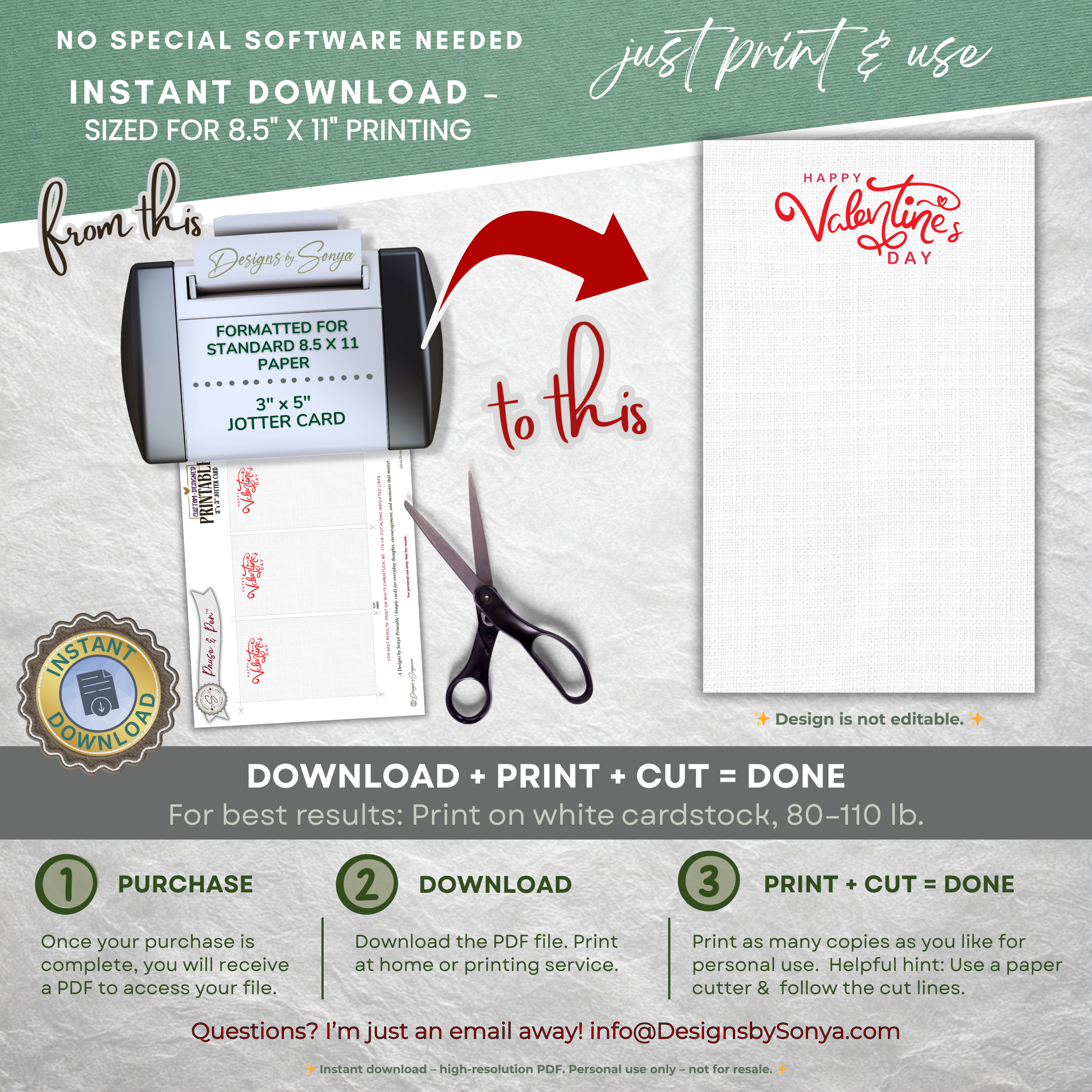 Valentine Thank You Card Printable – 3 x 5 Jotter Card for Gift Enclosures, Small Valentine Gifts, and Thoughtful Appreciation Notes