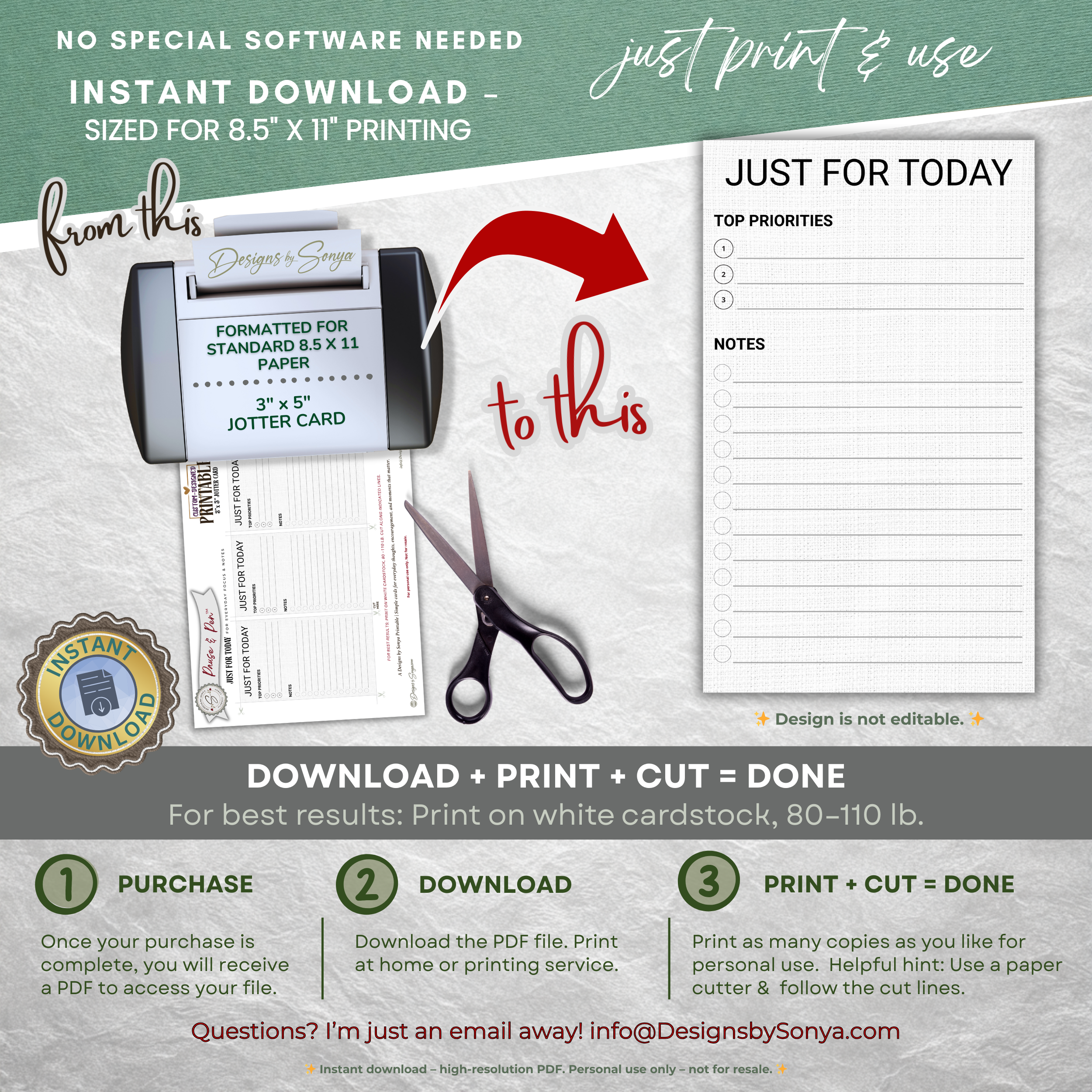 Just for Today Jotter Card Printable – 3x5 Daily Focus & Notes Card – Minimal Task List for Intentional Planning & Simple Living