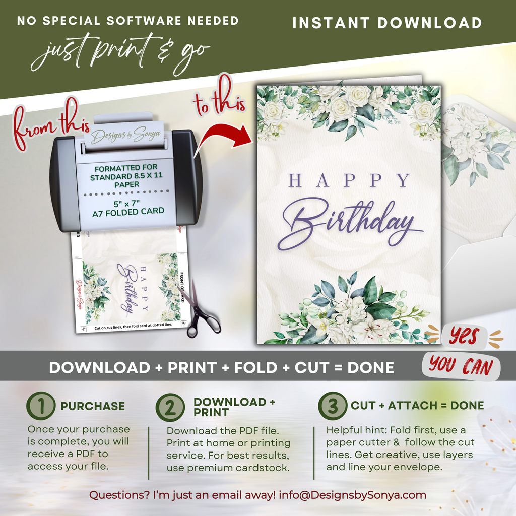 Print, Fold, Cut Guide
Visual steps for printing the PDF on 8.5x11 paper, folding to A7 size, trimming on cut lines, and assembling a polished printable birthday card.