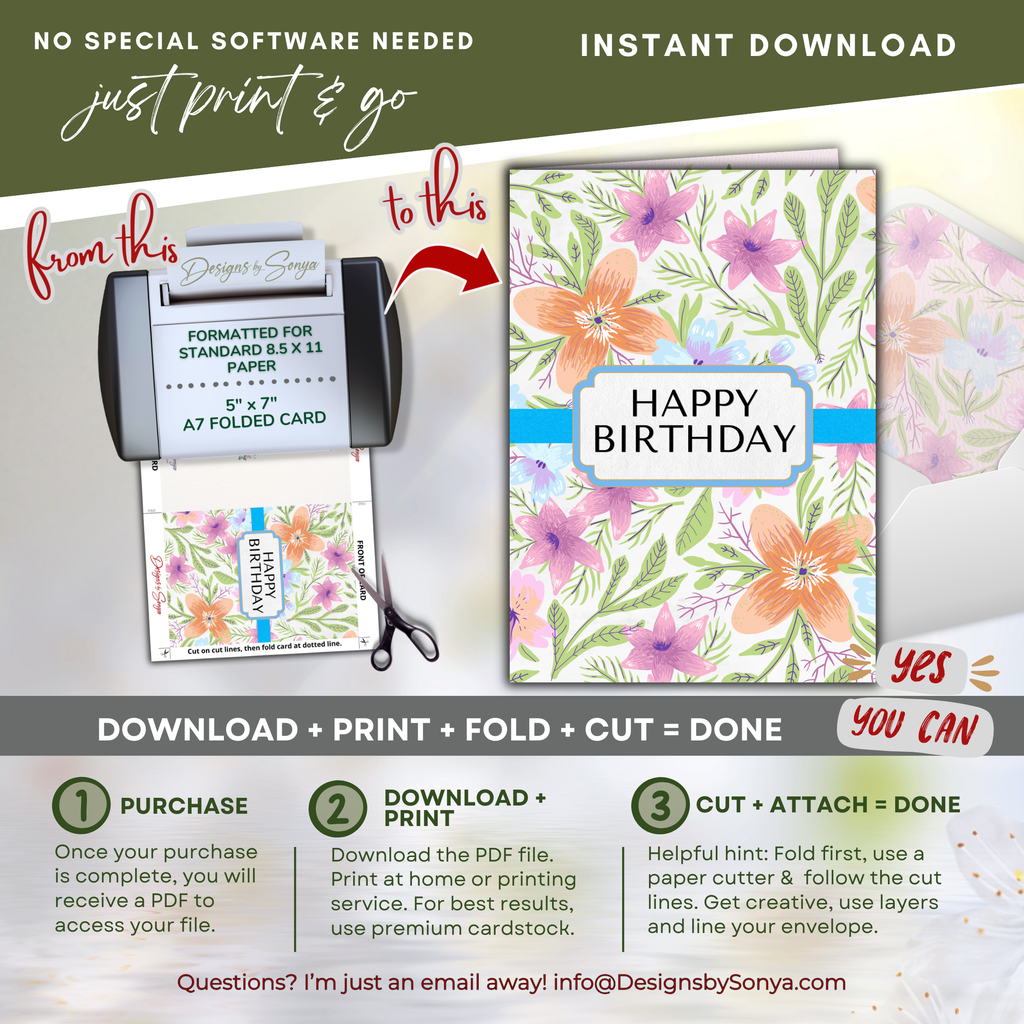 Print, Fold, Cut Guide
Step-by-step visual for printing on 8.5x11 paper, folding to A7, and trimming; optimized for home printers and copy shops.