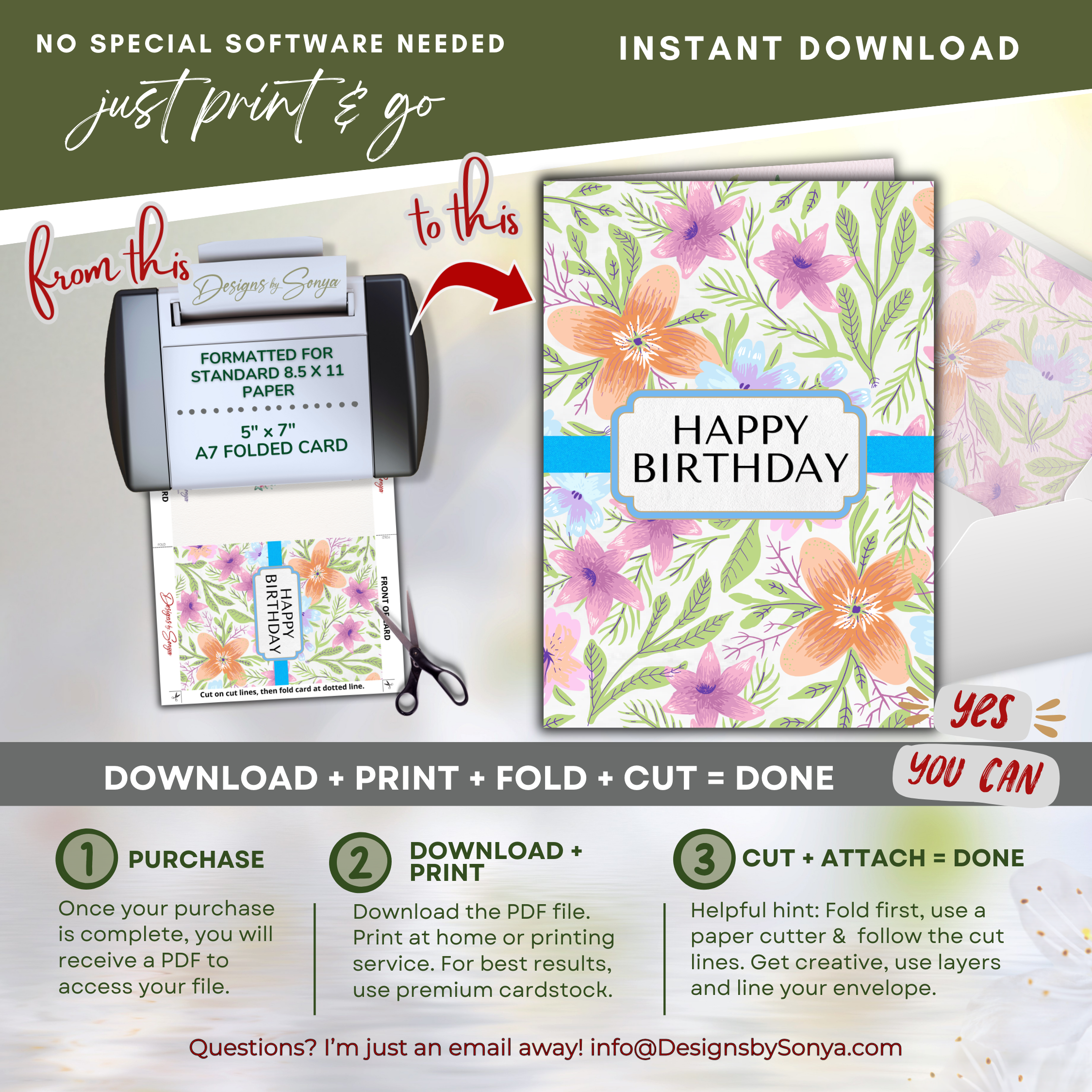 Print, Fold, Cut Guide
Step-by-step visual for printing on 8.5x11 paper, folding to A7, and trimming; optimized for home printers and copy shops.