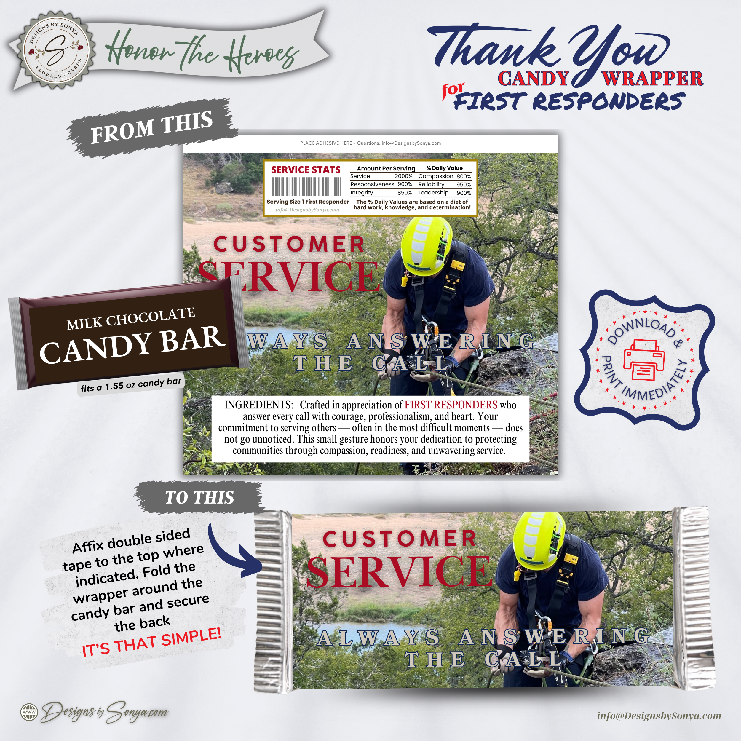 Honor the Heroes First Responder Candy Bar Wrapper Printable – Customer Service Always Answering the Call – Thank You Gift Favor – 1.55 oz Chocolate Bar
