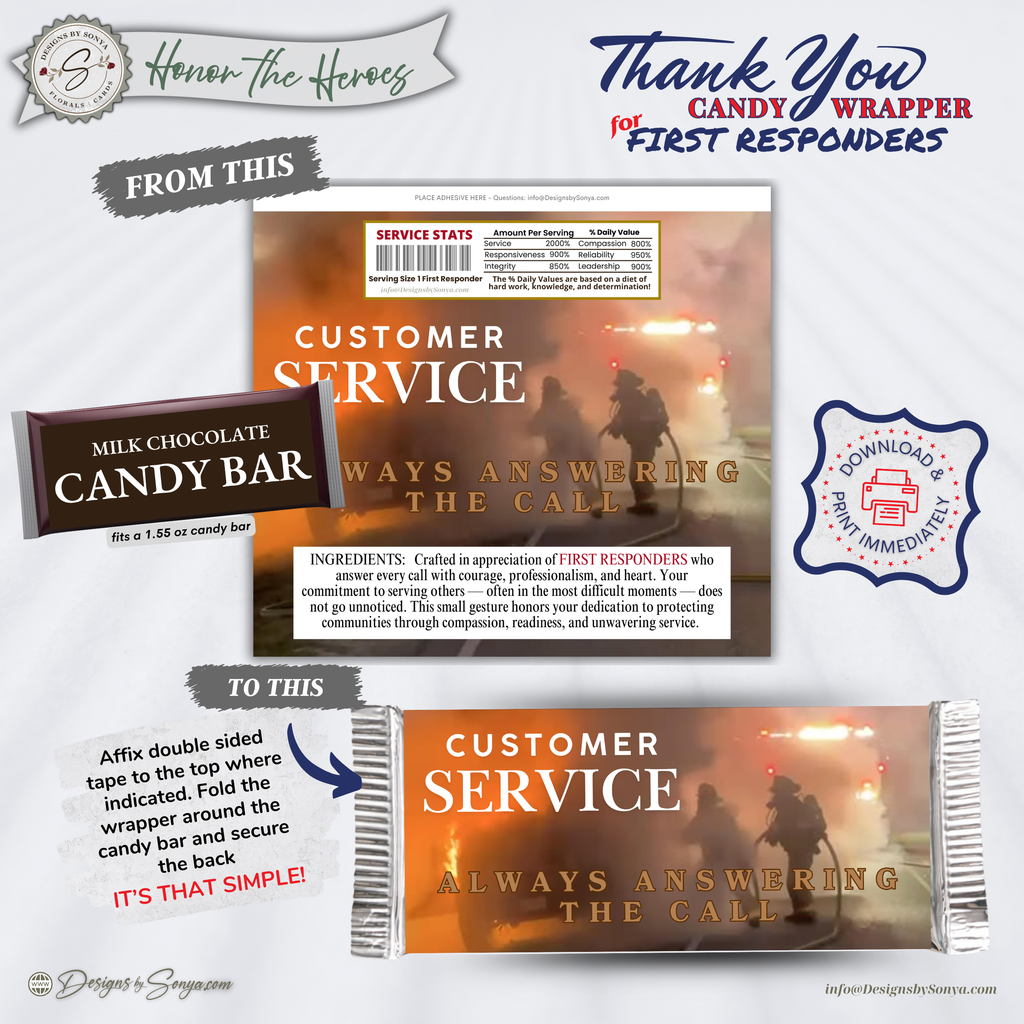 Customer Service First Responder Candy Bar Wrapper Printable – Honor the Heroes Thank You Gift – Firefighter EMS Police Appreciation - 1.55oz Chocolate Bar
