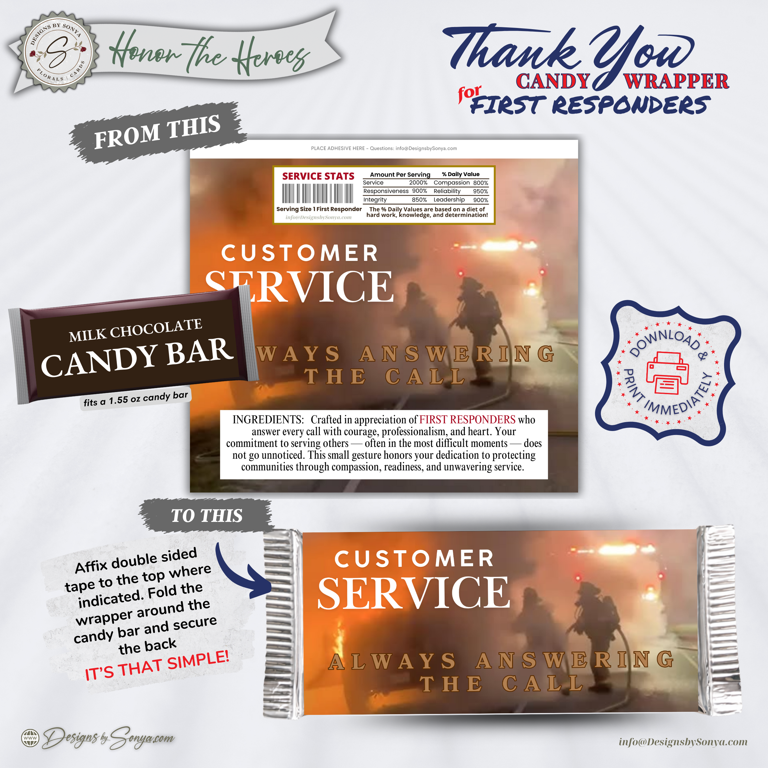 Customer Service First Responder Candy Bar Wrapper Printable – Honor the Heroes Thank You Gift – Firefighter EMS Police Appreciation - 1.55oz Chocolate Bar