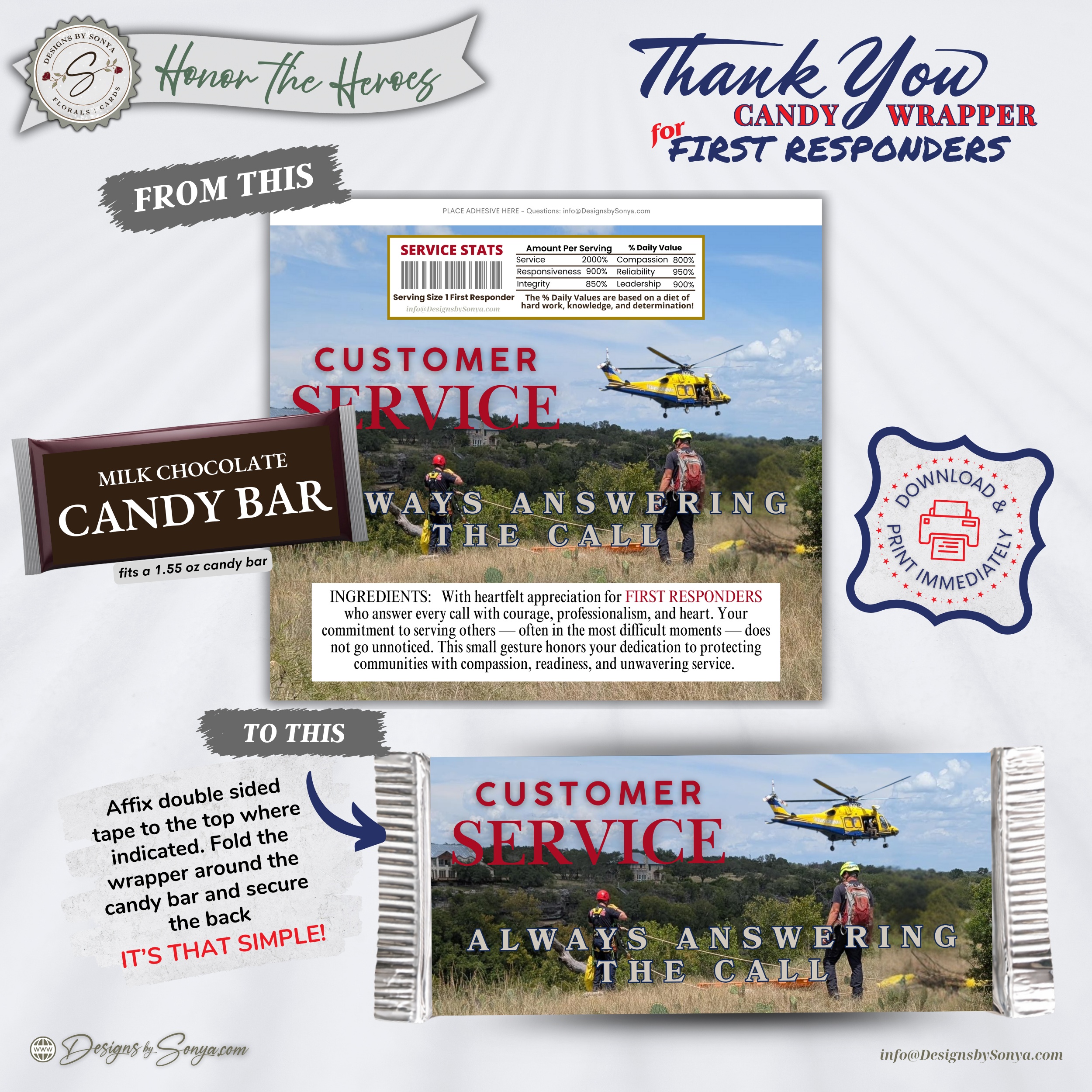 Honor the Heroes First Responder Candy Bar Wrapper Printable – Customer Service Always Answering the Call – Thank You Gift Favor – 1.55 oz Chocolate Bar