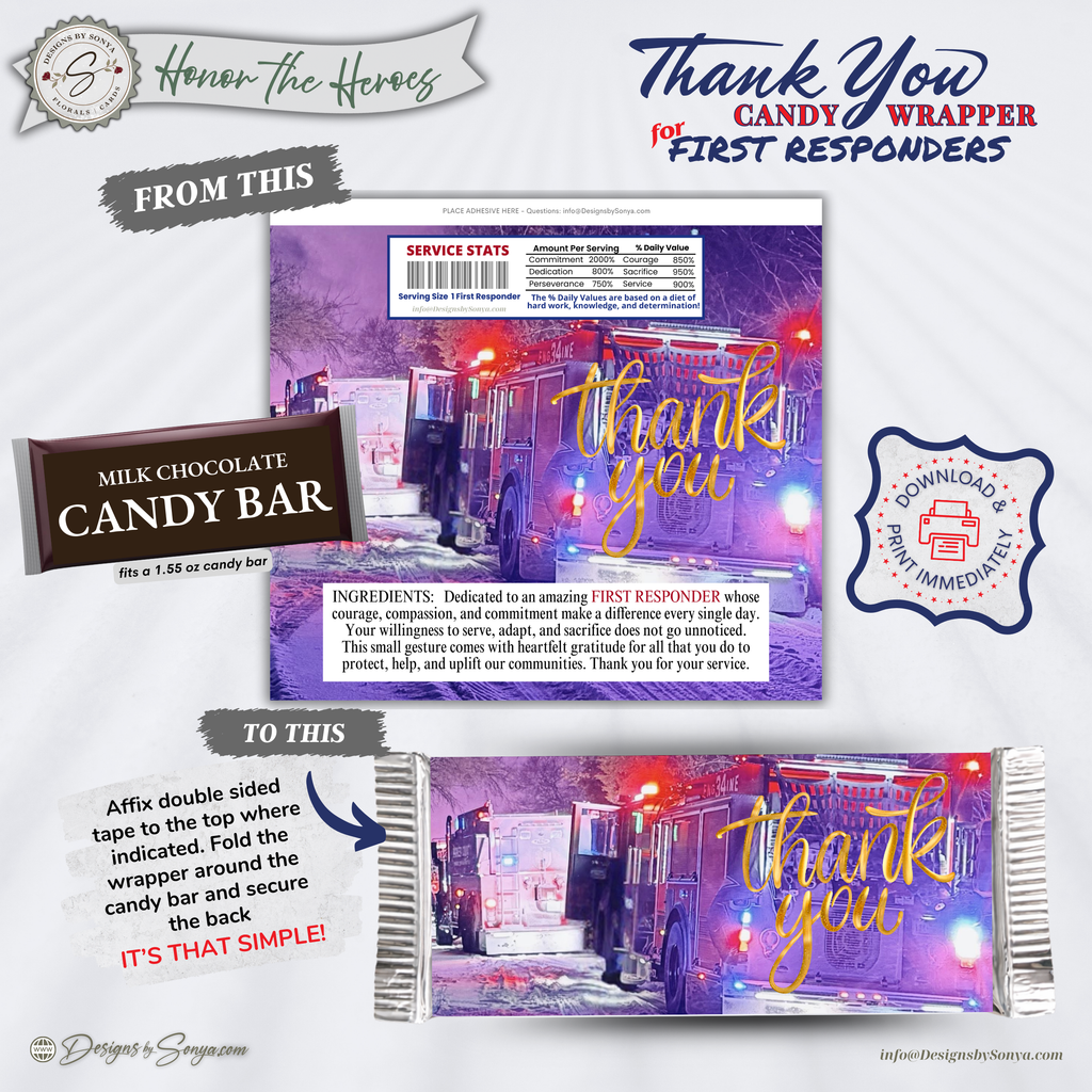 First Responder Candy Bar Wrapper Printable – Thank You Firefighter EMT Gift – Honor the Heroes Chocolate Wrapper – Fits 1.55 oz Candy Bar - Instant Download