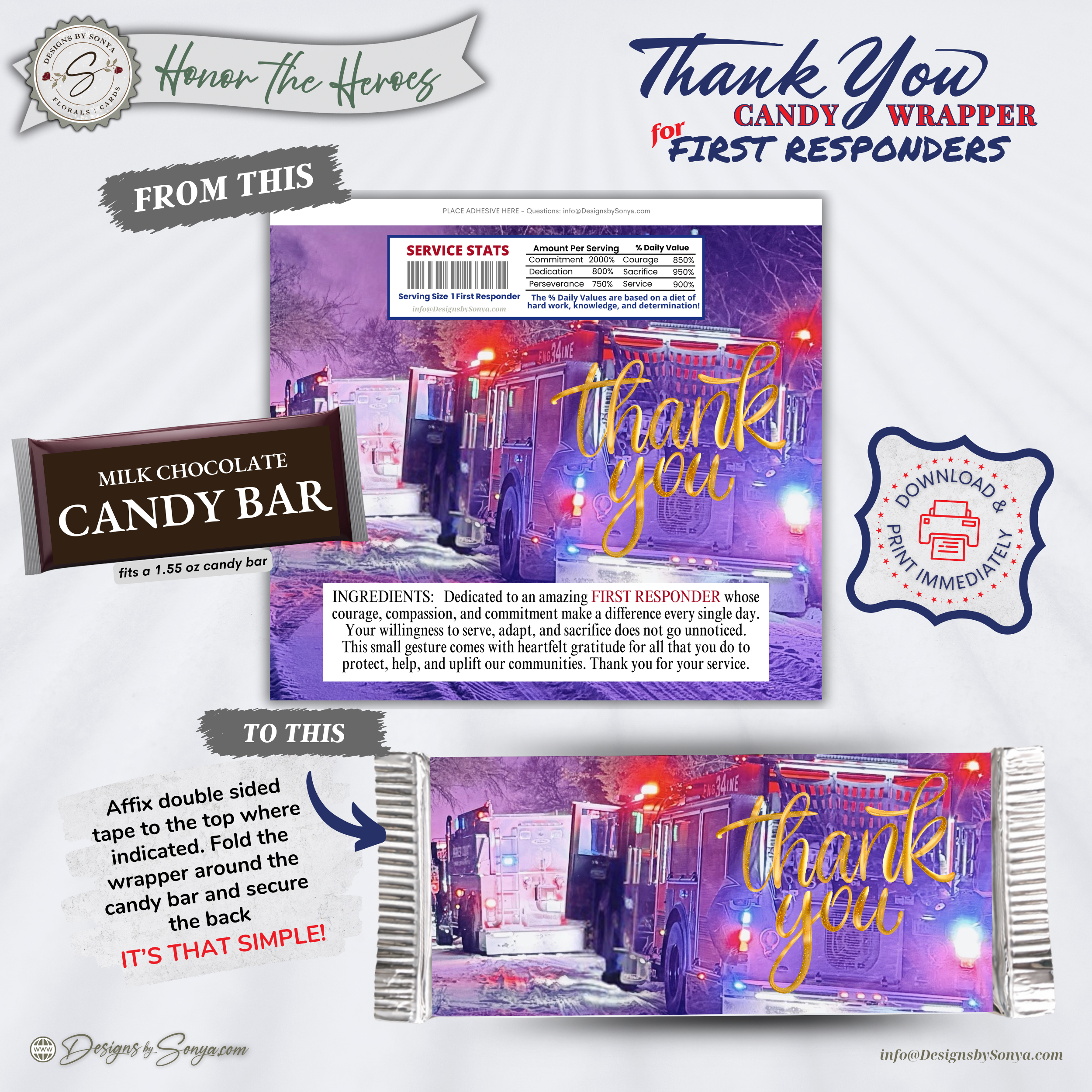 First Responder Candy Bar Wrapper Printable – Thank You Firefighter EMT Gift – Honor the Heroes Chocolate Wrapper – Fits 1.55 oz Candy Bar - Instant Download