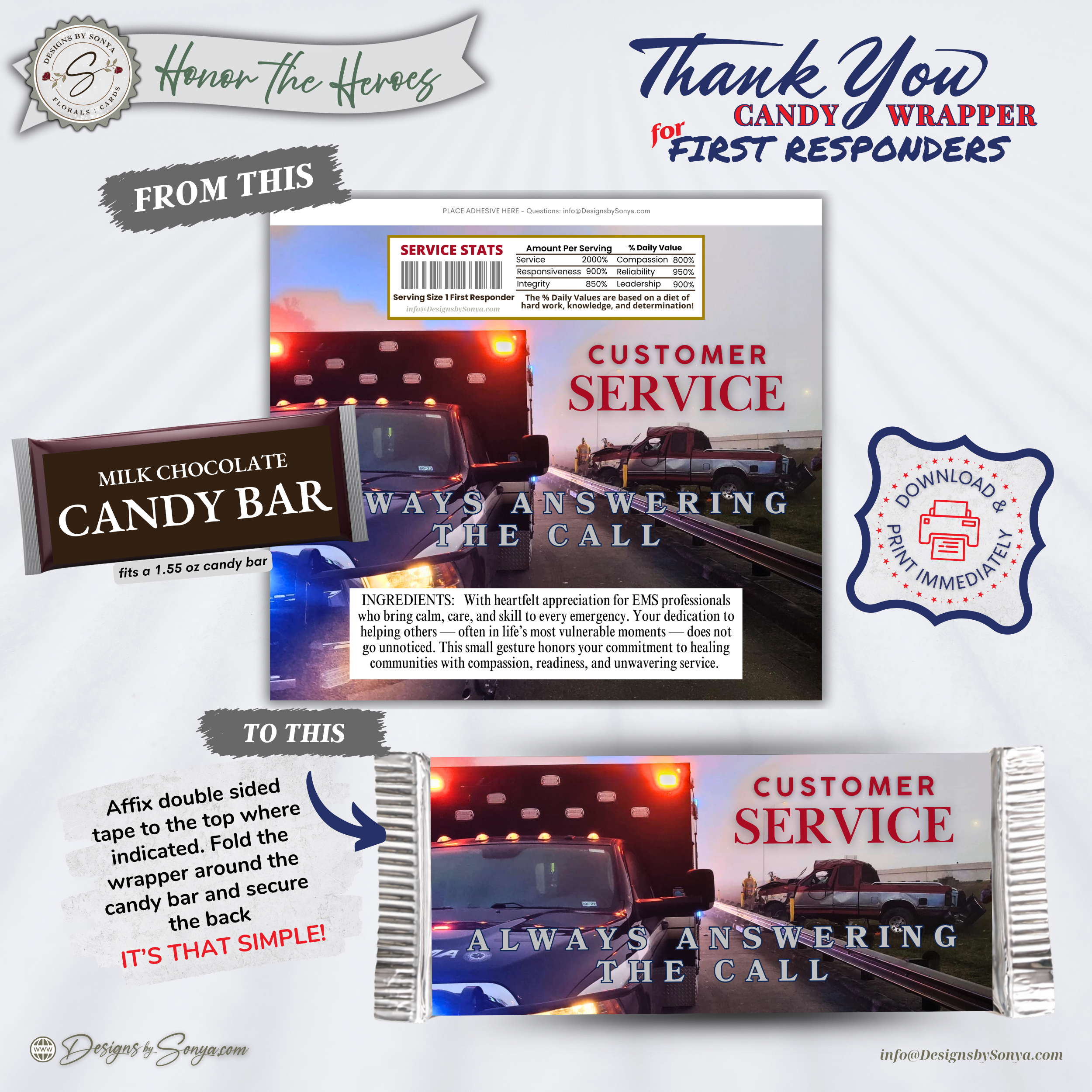 EMS Candy Bar Wrapper Printable – Always Answering the Call – EMT Thank You Favor – Emergency Medical Appreciation Gift – 1.55 oz Chocolate Bar