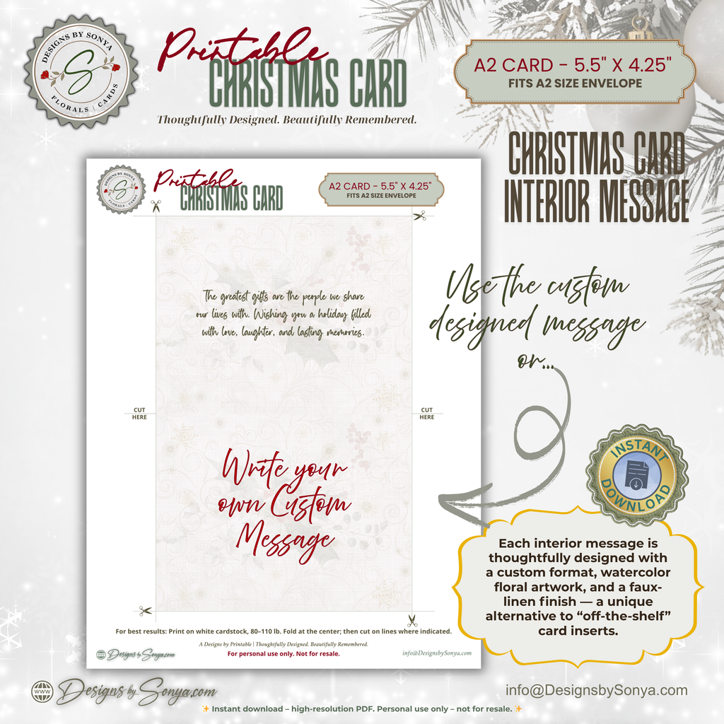 Printable Christmas Card • “Just for You” Watercolor Holly, Pine & Berries • A2 Folded (5.5" x 4.25") Holiday DIY Greeting Note Card