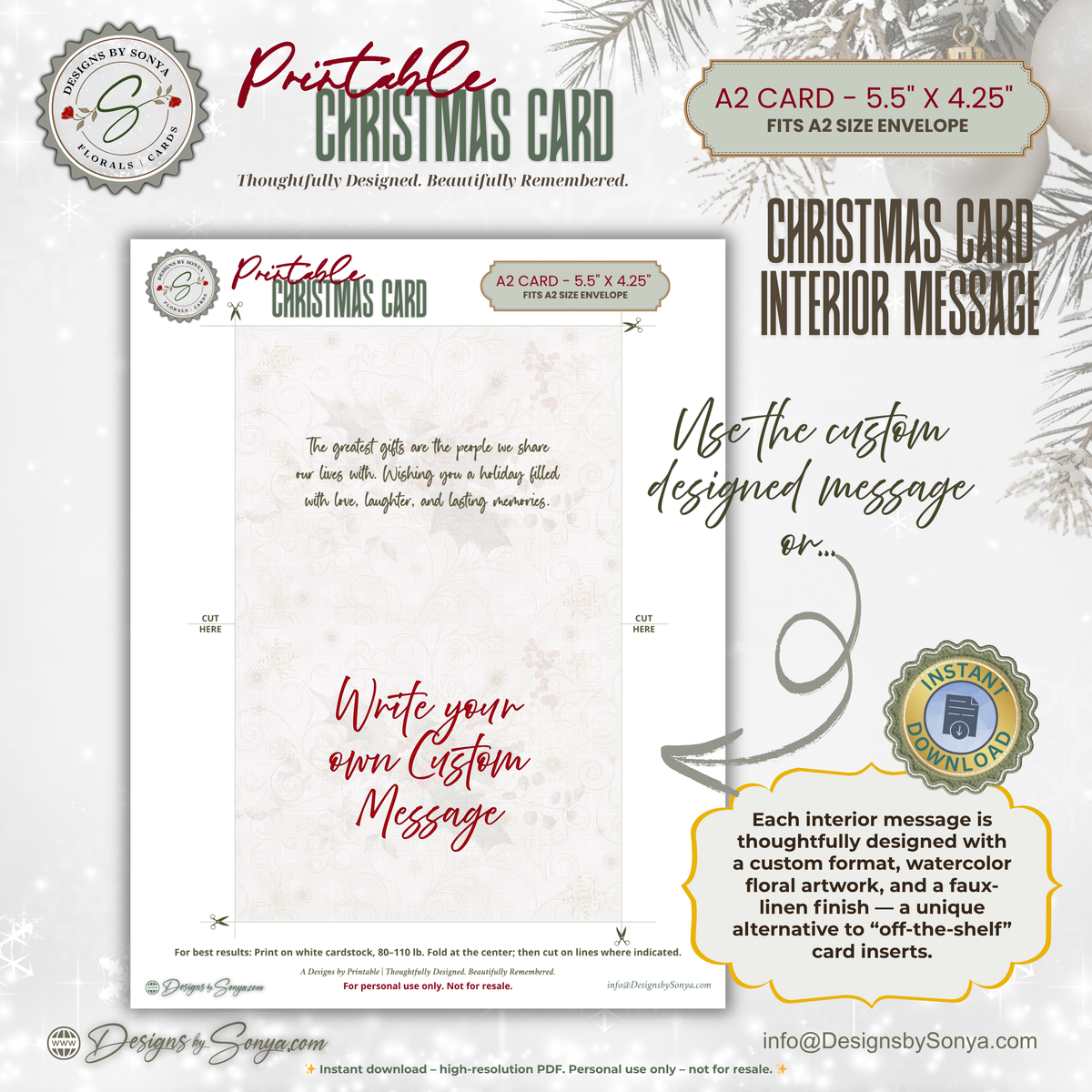 Printable Christmas Greeting Card | Watercolor Holly & Red Berries | Just for You Holiday Note Card | A2 (4.25" x 5.5") PDF