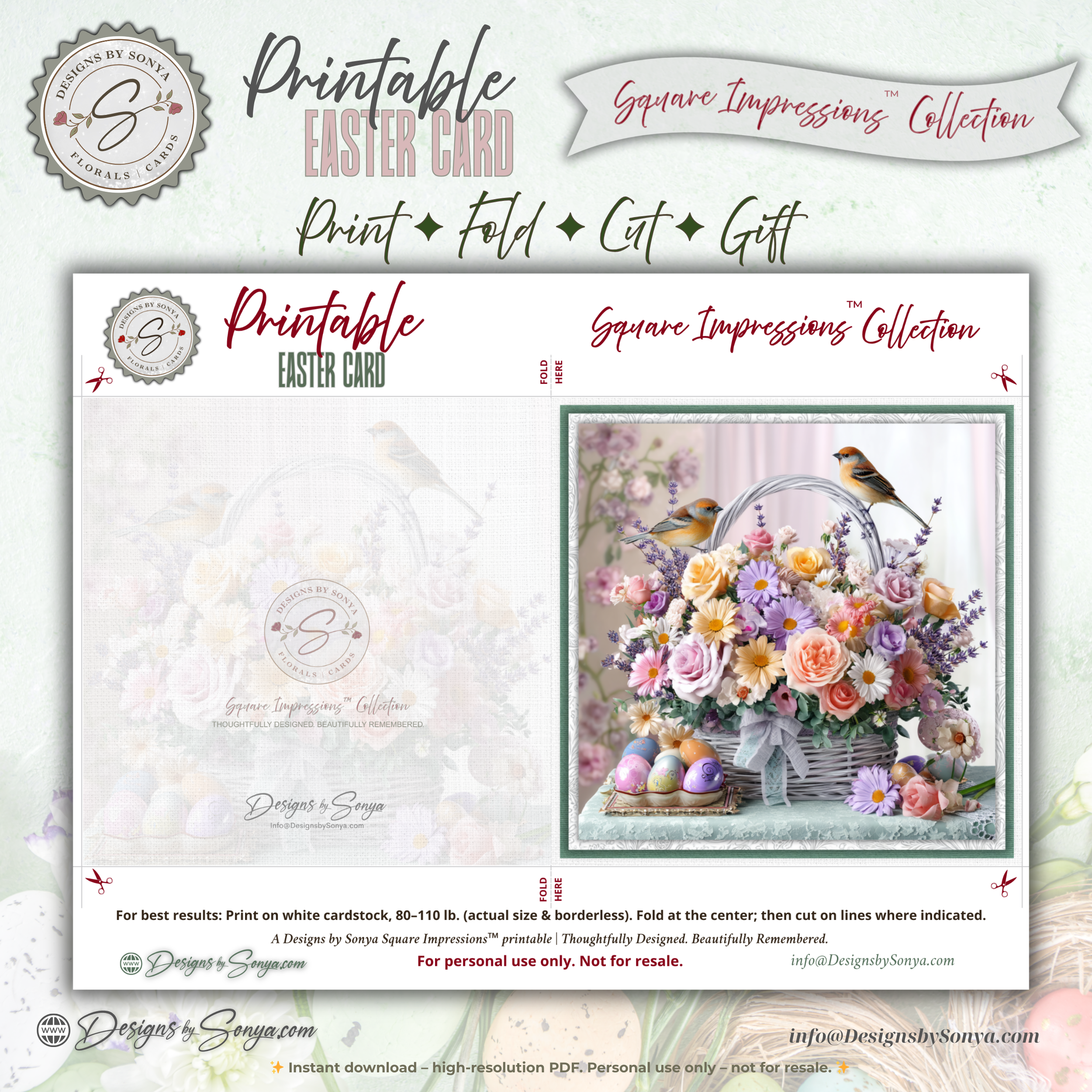 Easter Floral Basket Printable Card – 5.5” Square Watercolor Spring Greeting Note Card with Pastel Blooms, Birds & Decorated Eggs
