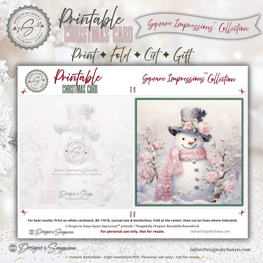 Printable Pink Snowman Christmas Card | Square Floral Holiday Card | 5.5” Square | Envelope Liner | Instant Download | Pastel Winter Note Card
