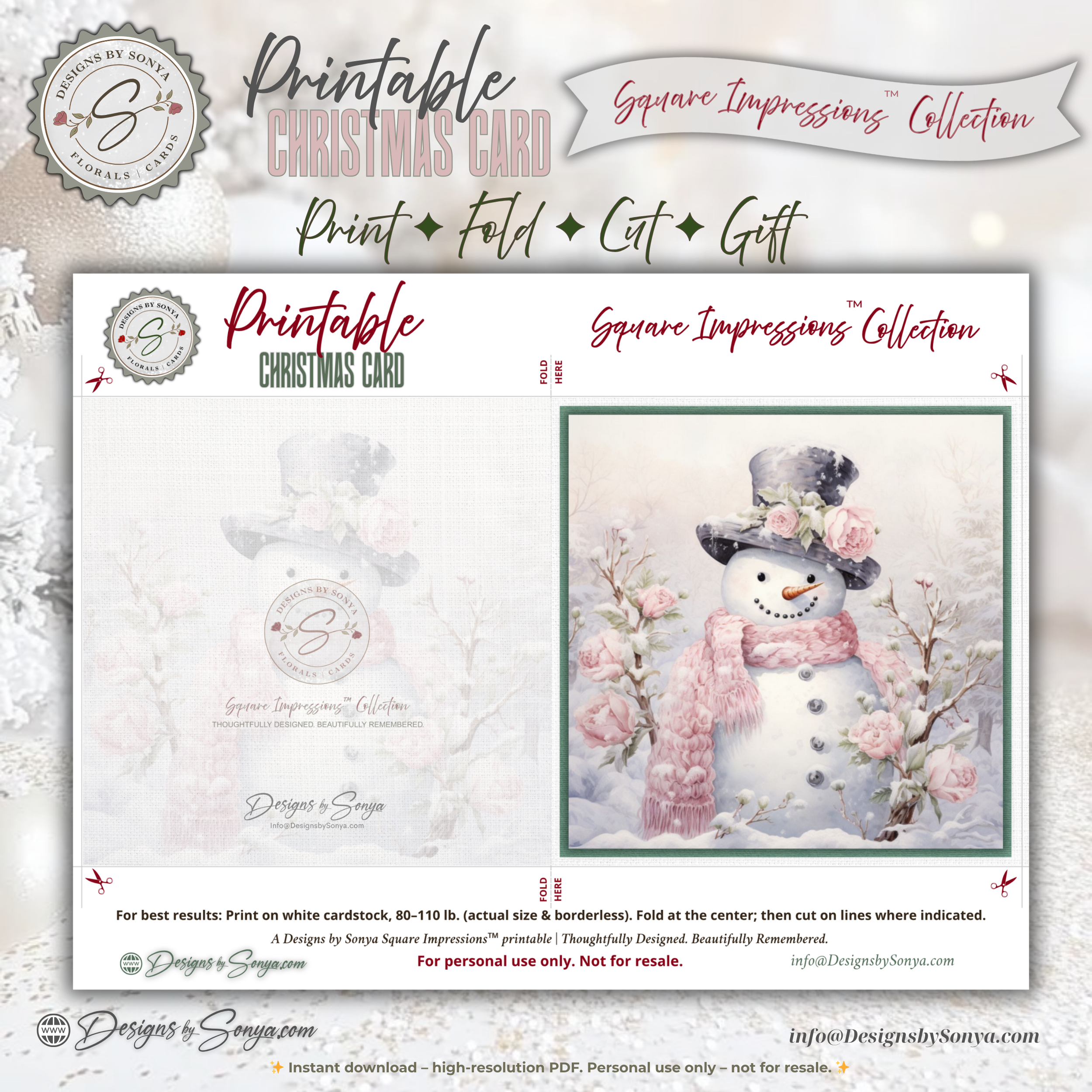 Printable Pink Snowman Christmas Card | Square Floral Holiday Card | 5.5” Square | Envelope Liner | Instant Download | Pastel Winter Note Card