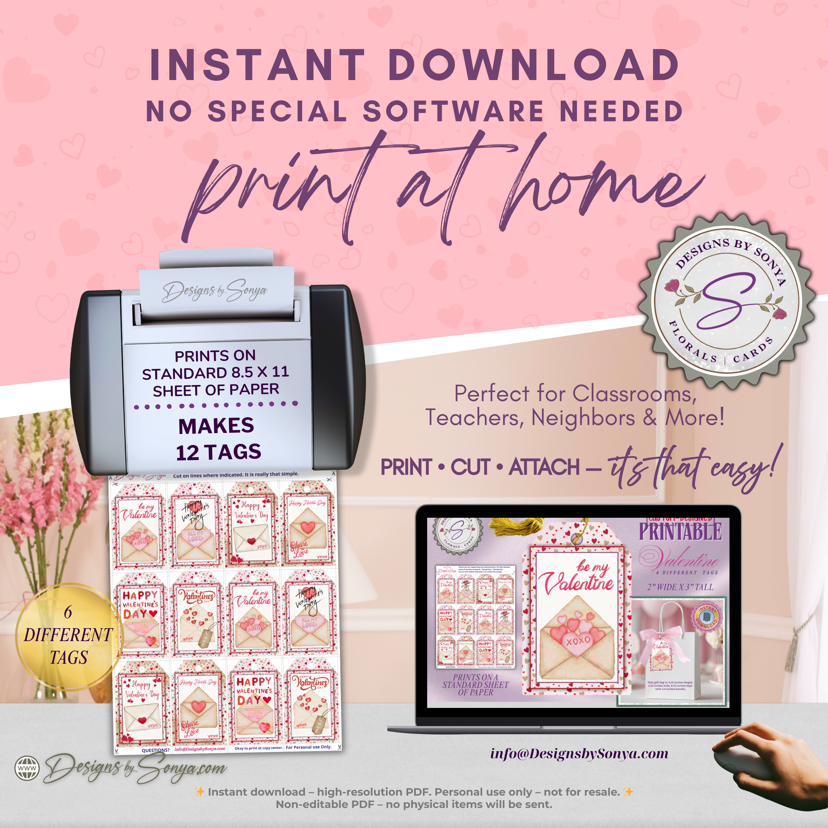 Valentine’s Day Printable Gift Tags – 6 Envelope Designs – 2x3 Treat Bag Tags for Classroom Gifts, Teachers, Kids, Party Favors – Instant Download