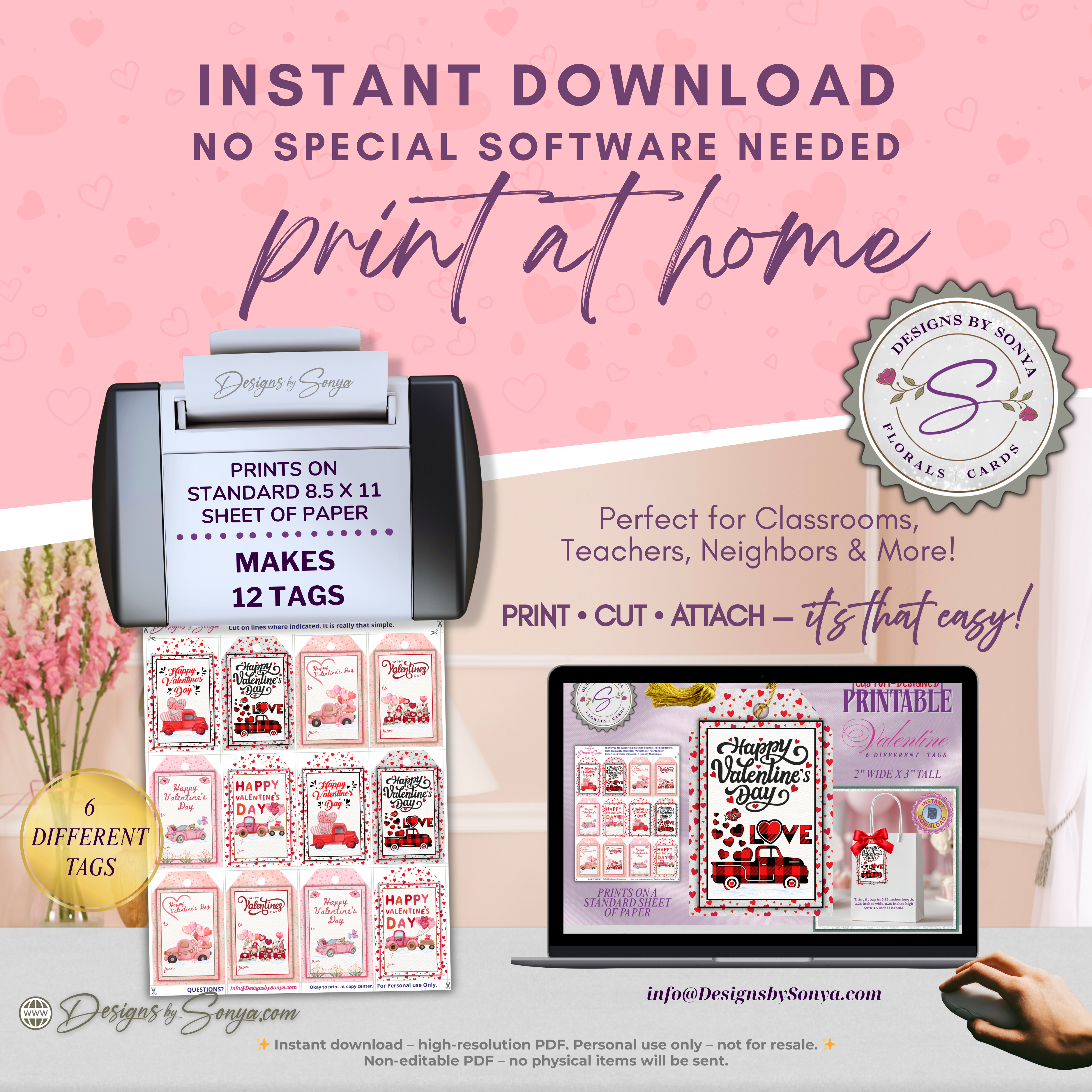 2×3 Valentine Printable Tags – Cupid Red Truck Designs – 6 Treat Bag Tags for Classroom Parties, Teachers, Kids – DIY PDF Download