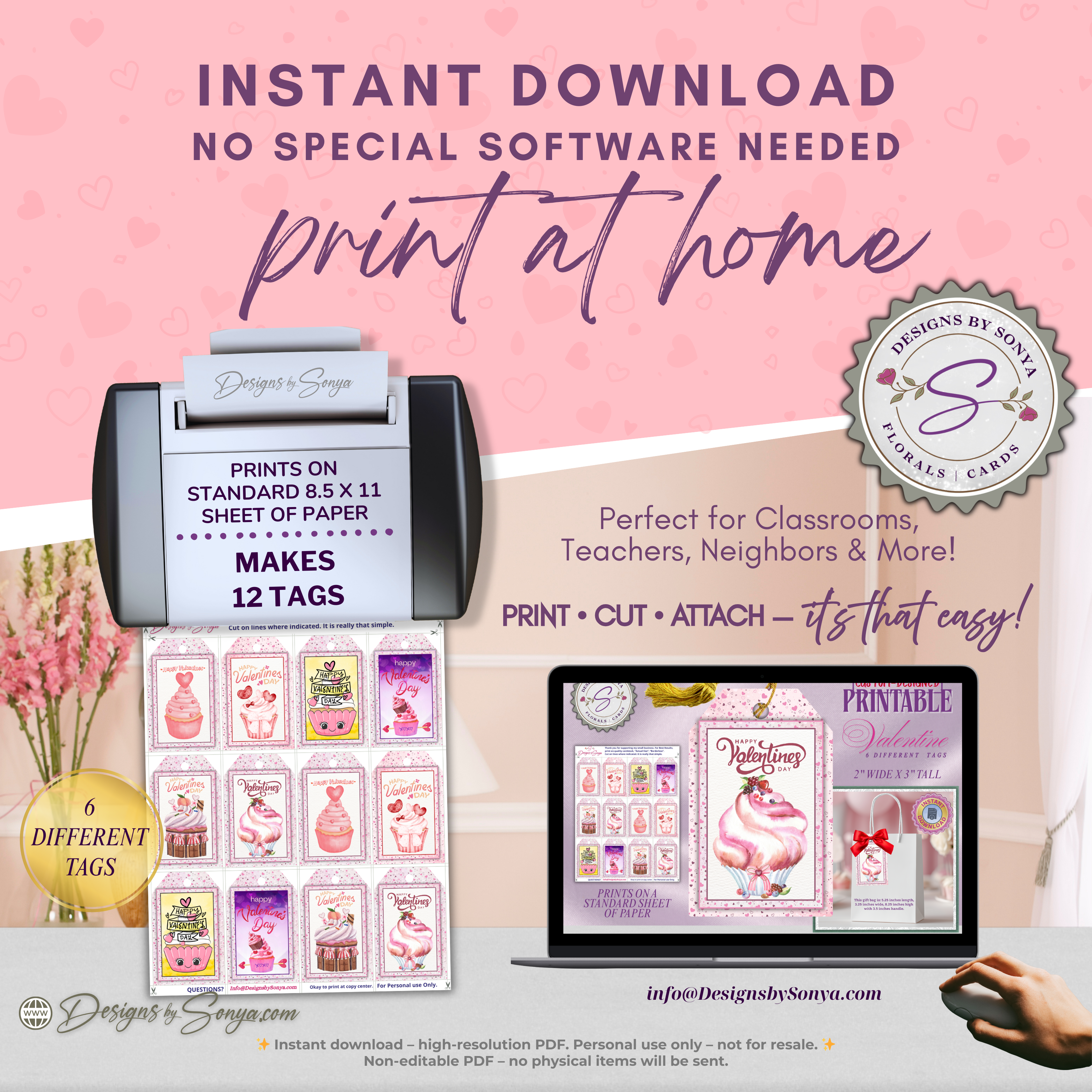 Valentine Printable Tags – Cupcake Designs – 6 Different 2x3 Treat Bag Tags for Classroom Valentines, Teachers, Party Favors, DIY Gifts