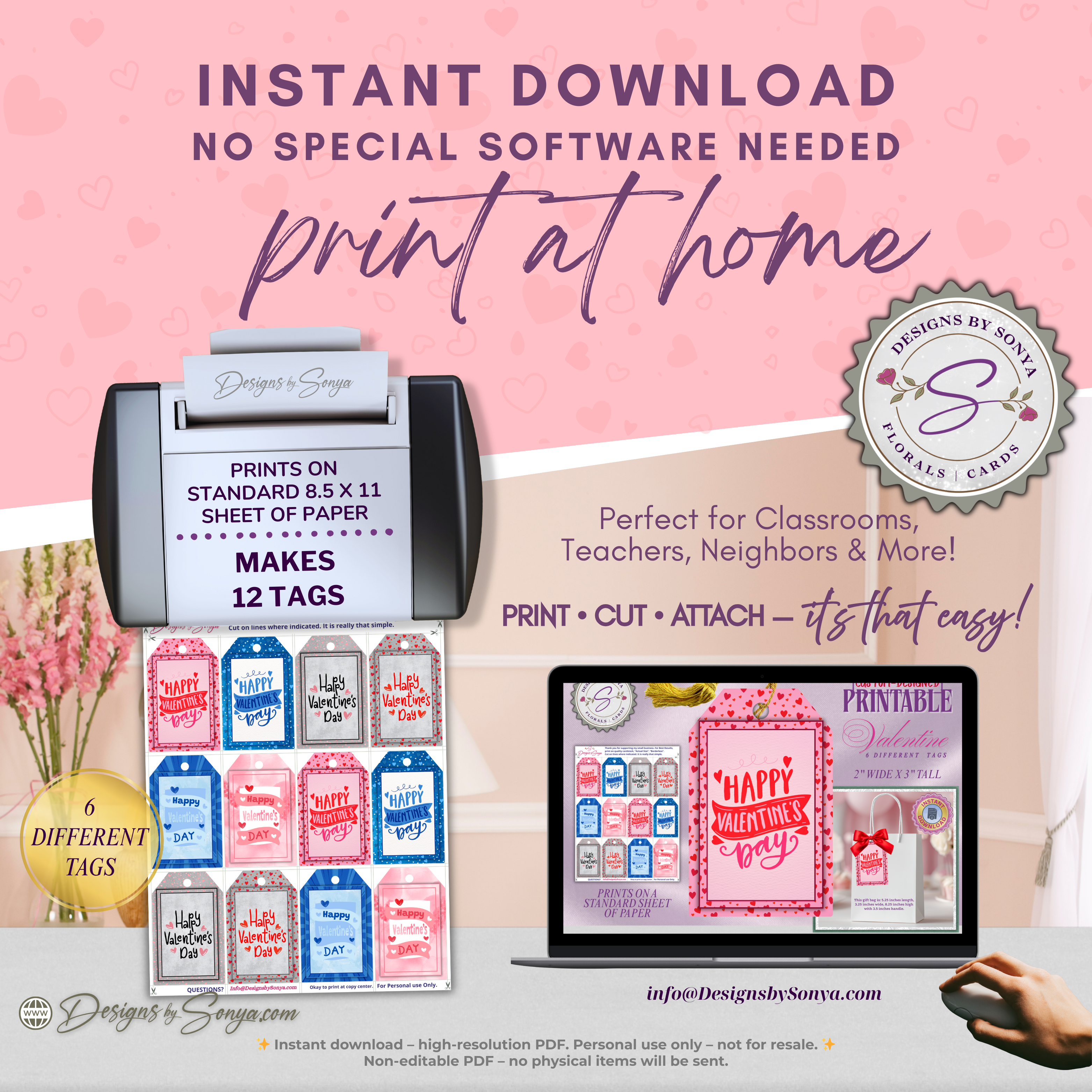 Valentine Printable Tags – 6 Designs – 2x3 Treat Bag Tags for Kids, Classroom Favors, Teachers, School Parties, DIY Valentines, XOXO Hearts