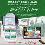 Print-at-Home Demonstration
Printable “Season’s Greetings” Christmas toppers shown on a printer sheet and laptop display, illustrating instant download and easy DIY printing at home.