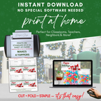 Print at Home Overview
Infographic showing sheet of toppers in printer and displayed on laptop; four toppers per 8.5x11 page; easy DIY craft for classrooms, neighbors, and family gatherings.