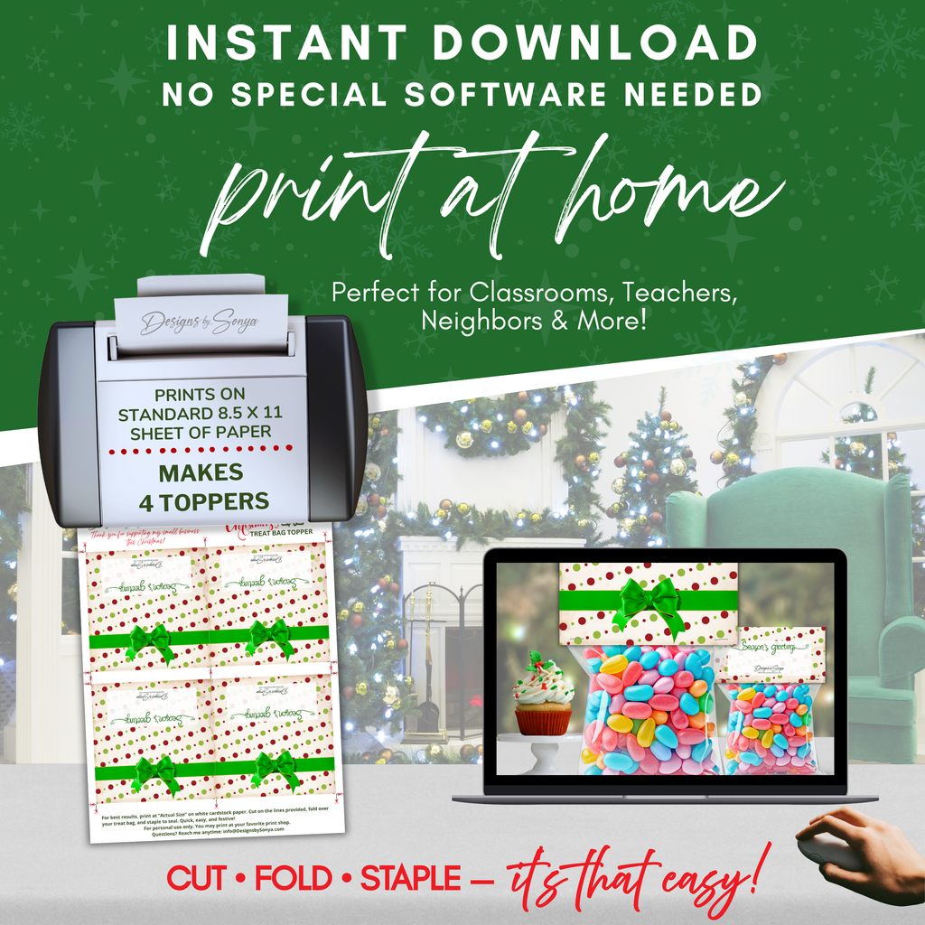 Print at Home
Instructional graphic showing how to print at home, yielding 4 toppers per 8.5x11 sheet. Includes laptop and printer display for instant download use.