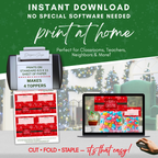 Print at Home Overview
How-to graphic: prints on standard 8.5x11 paper, four toppers per sheet; no special software needed; ideal for classrooms and holiday events.