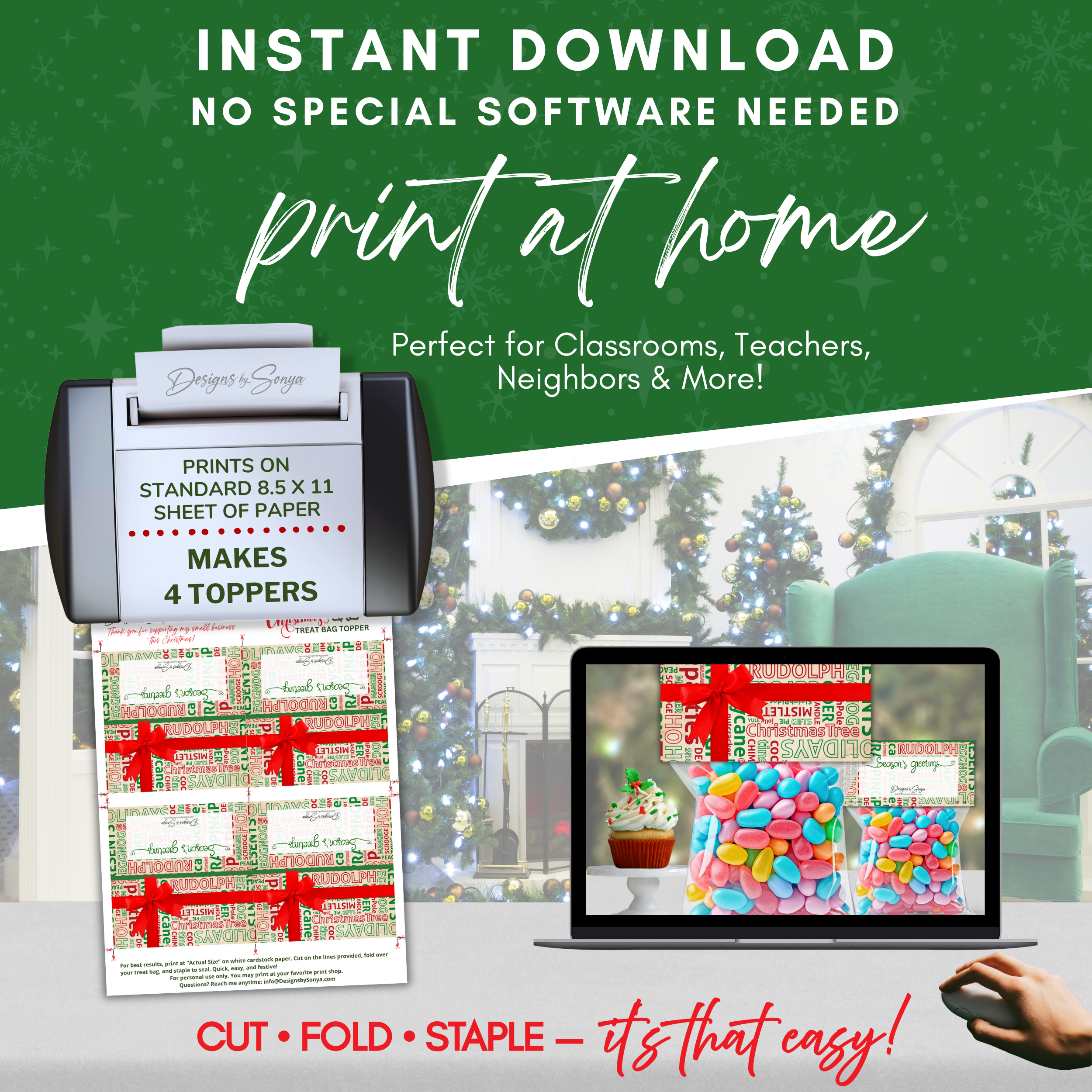 Print at Home Display
Instant download graphic showing 4 toppers per 8.5x11” sheet, printer and laptop mockup with topper artwork, highlighting simple DIY printing.