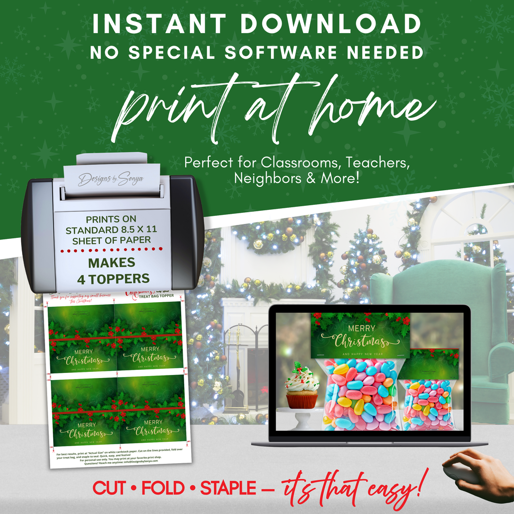 Print at Home Overview
Instructional graphic with printer, laptop, and layout sheet; prints four toppers per 8.5x11 page; easy at-home holiday craft for parties and classrooms.