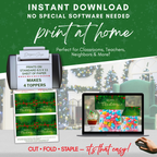 Print at Home Overview
Instructional graphic with printer, laptop, and layout sheet; prints four toppers per 8.5x11 page; easy at-home holiday craft for parties and classrooms.