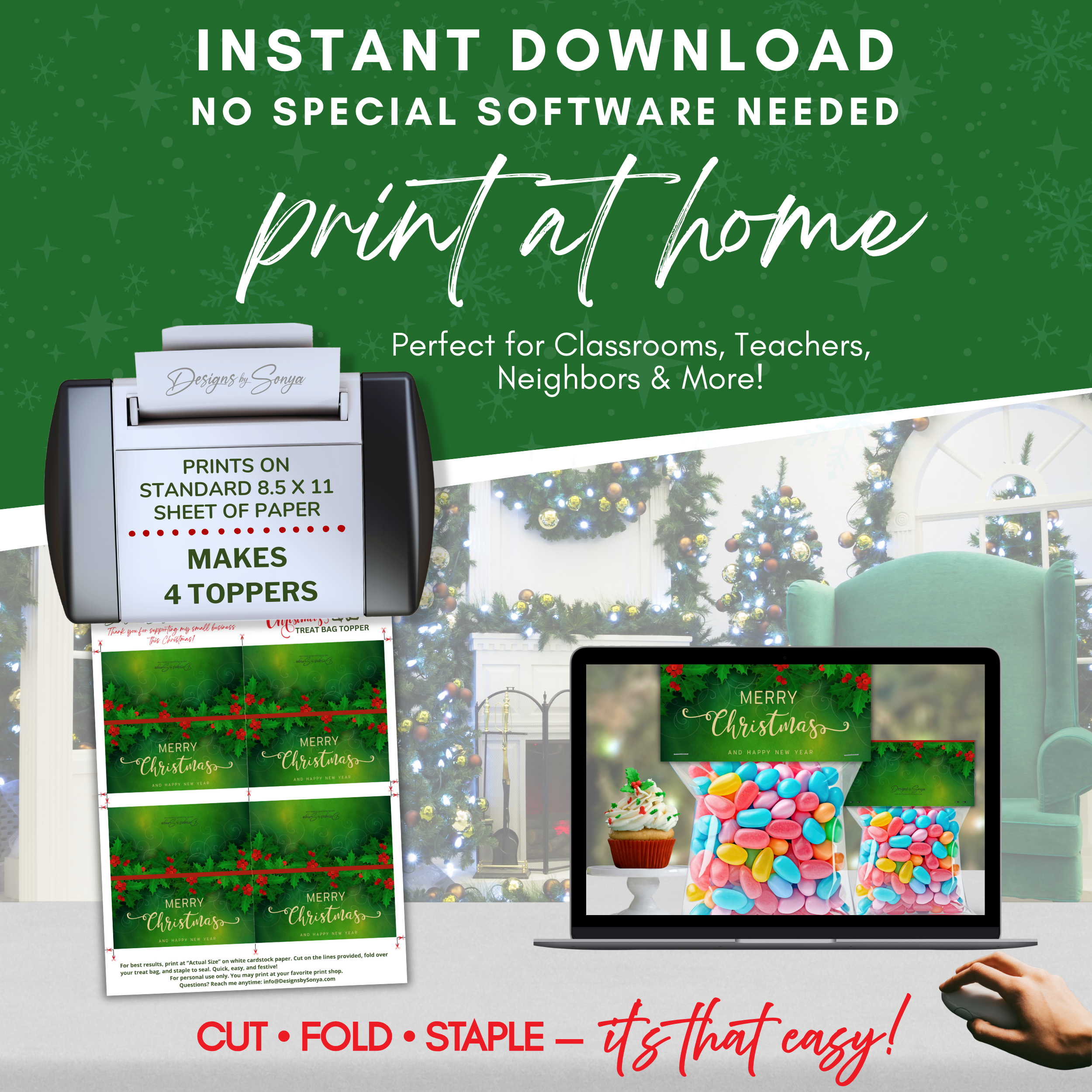 Print at Home Overview
Instructional graphic with printer, laptop, and layout sheet; prints four toppers per 8.5x11 page; easy at-home holiday craft for parties and classrooms.