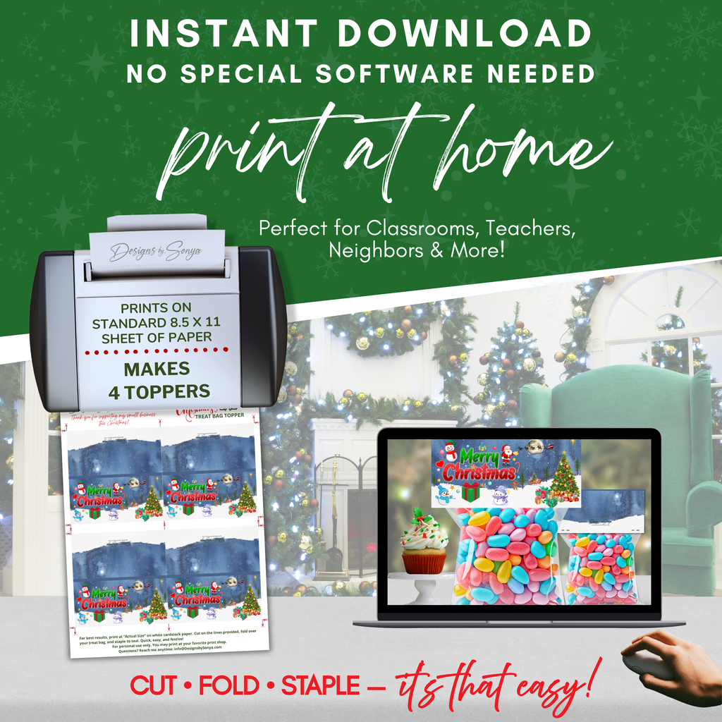 Print at Home Overview
Graphic showing at-home printer and laptop; notes that it prints on standard 8.5x11 paper and makes 4 toppers per page; emphasizes instant download, no special software, easy cut-fold-staple instructions.