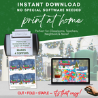 Print at Home Overview
Graphic showing at-home printer and laptop; notes that it prints on standard 8.5x11 paper and makes 4 toppers per page; emphasizes instant download, no special software, easy cut-fold-staple instructions.