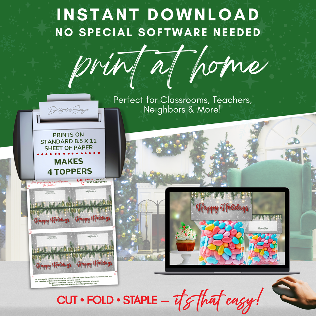 Print at Home Overview
Infographic showing toppers printing four per 8.5x11 page; includes printer and laptop mockups for ease-of-use visualization.