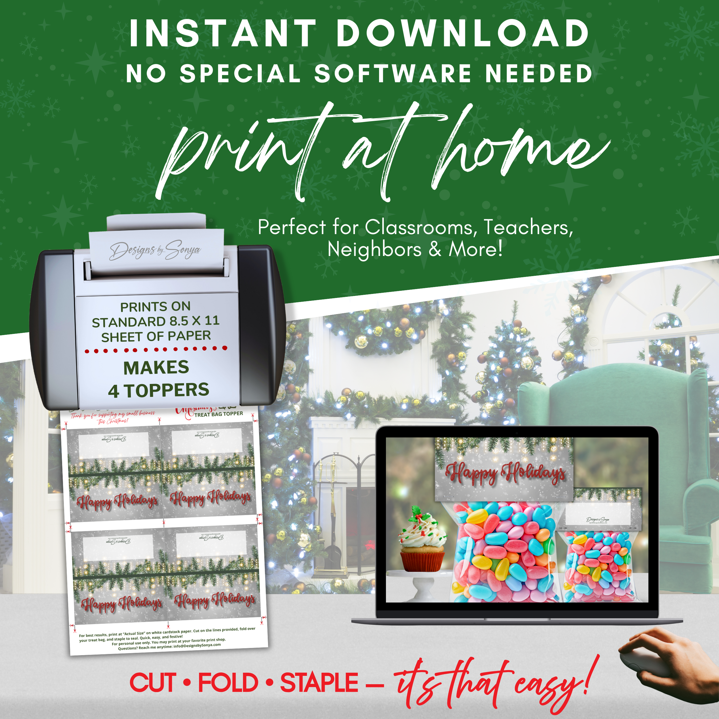 Print at Home Overview
Infographic showing toppers printing four per 8.5x11 page; includes printer and laptop mockups for ease-of-use visualization.