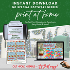 Print at Home Overview
Graphic showing sheet of toppers with printer and laptop; prints four 4x2 toppers per US Letter page; cut, fold, staple for simple DIY packaging.