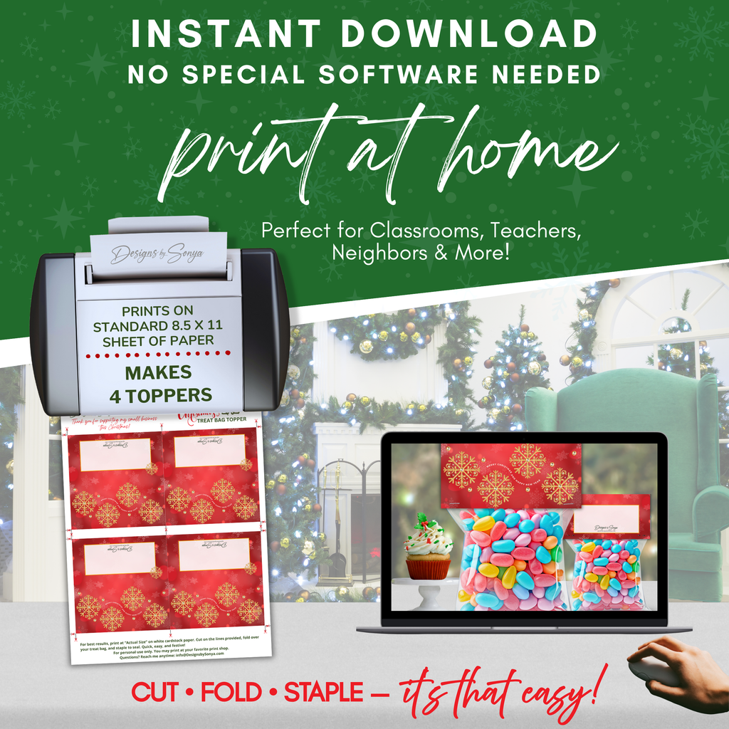 Print at Home Overview
Infographic showing printer, laptop, and layout page. Prints four toppers per 8.5x11 sheet; no special software; ideal for classrooms and families. Instructions: print actual size, cut, fold, staple.